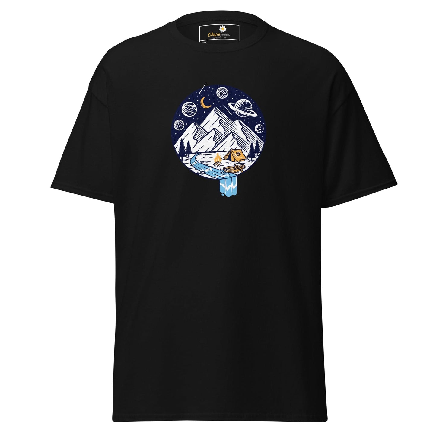 Black graphic t-shirt.