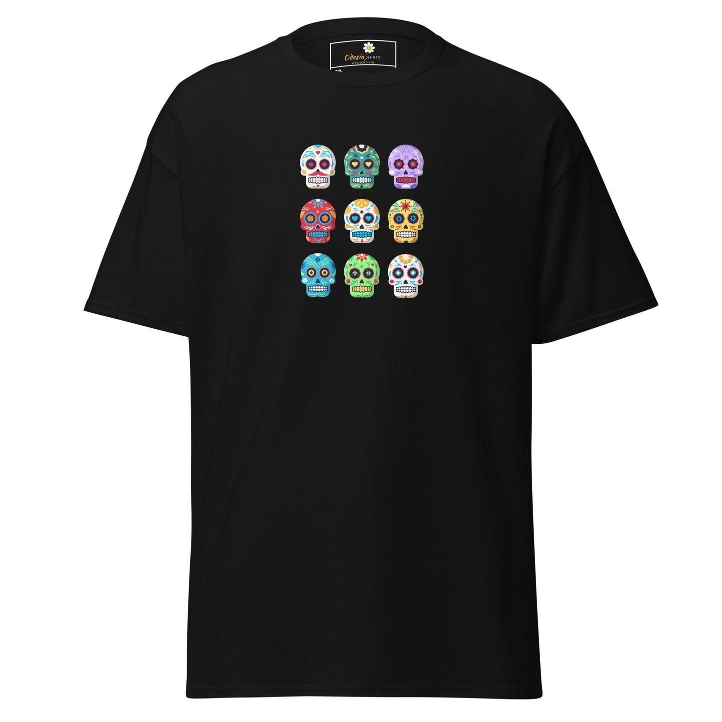 Black T-shirt with colorful Sugar Skull design for Men and Women in 2XL to 5XL sizes