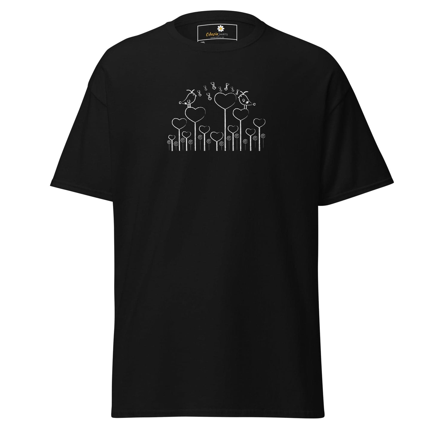 Black T-shirt with heart and bird design for Men and Women in 2XL to 5XL sizes