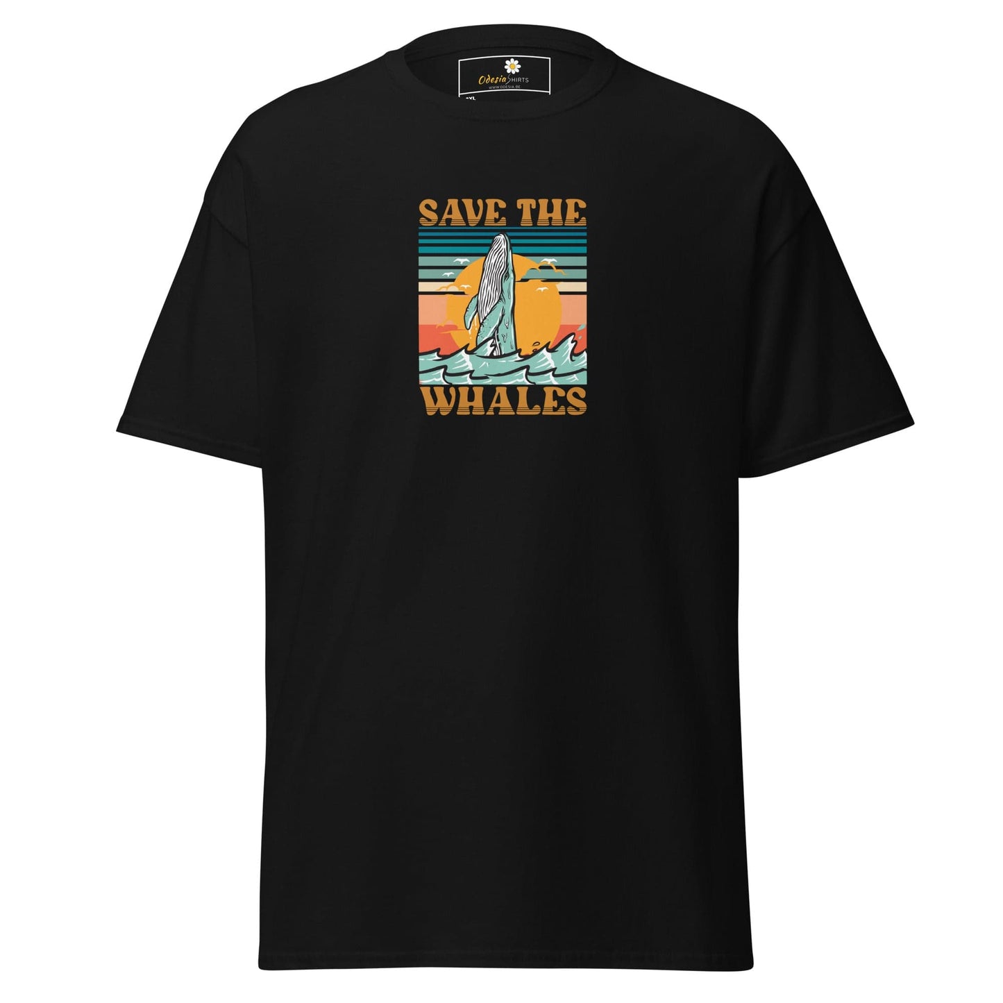 Black T-shirt with whale graphic for men and women in sizes 2XL to 5XL