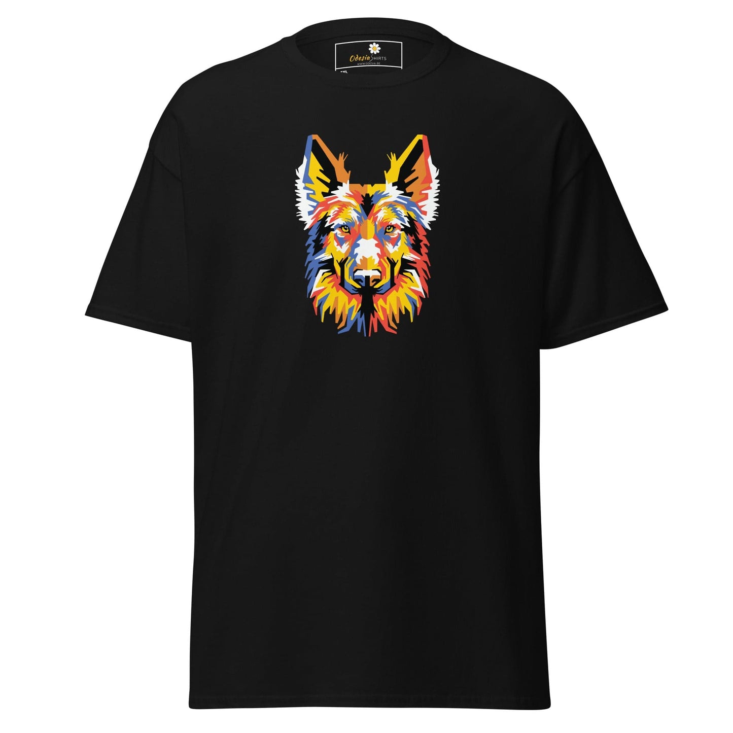 Black T-shirt with colorful dog graphic for Men and Women in sizes 2XL to 5XL