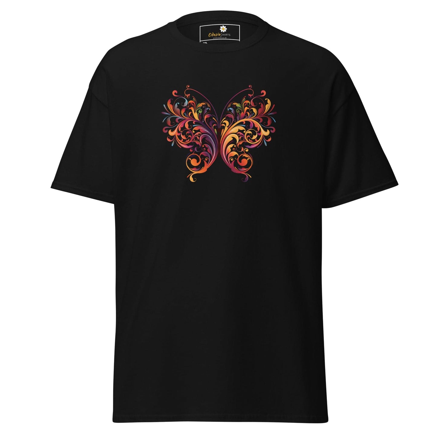 Black T-shirt with colorful butterfly design for Men and Women in size 2XL to 5XL
