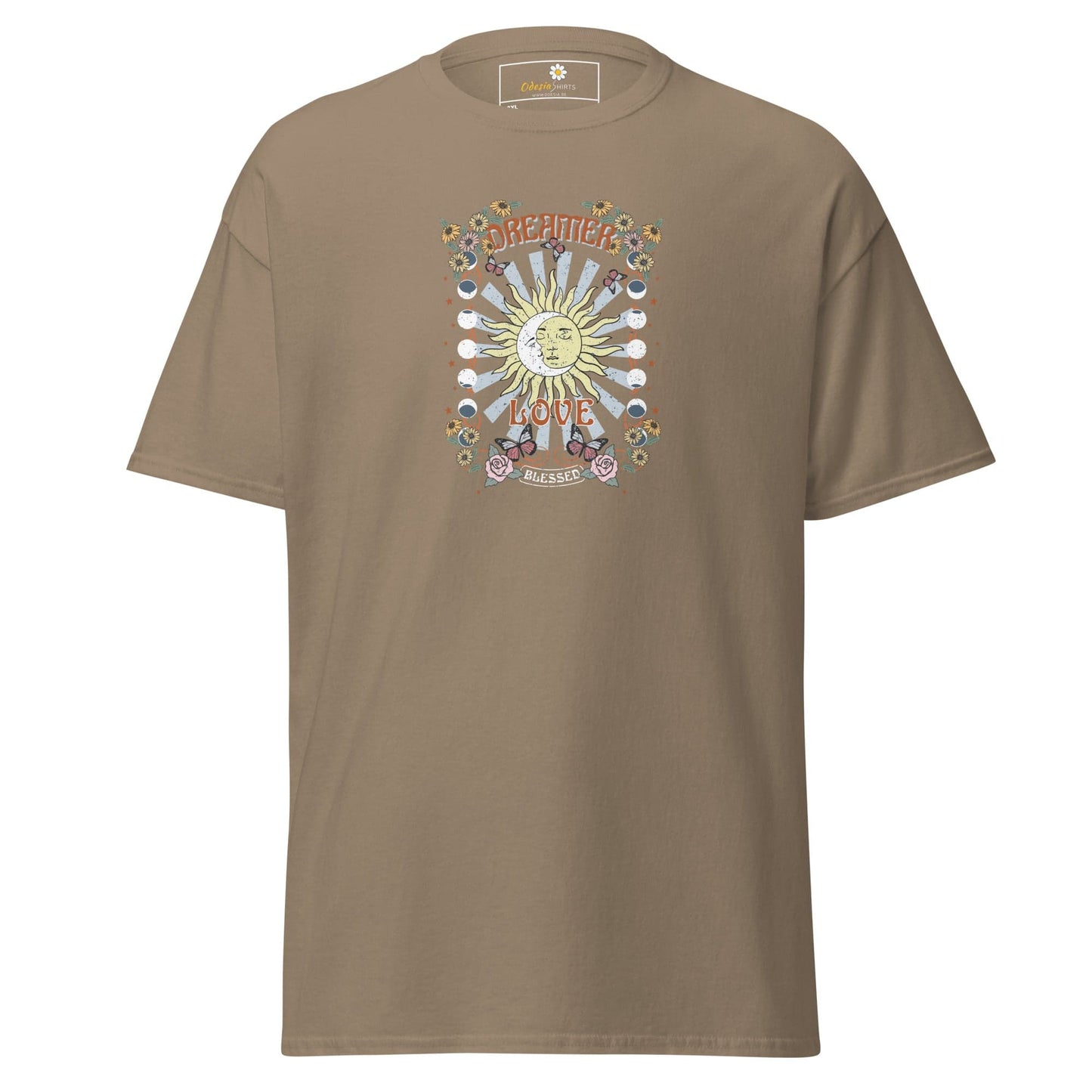 Khaki t-shirt with a sun graphic.