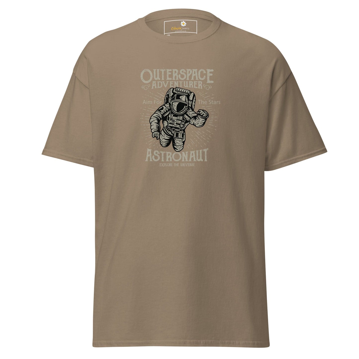Khaki t-shirt with astronaut graphic.