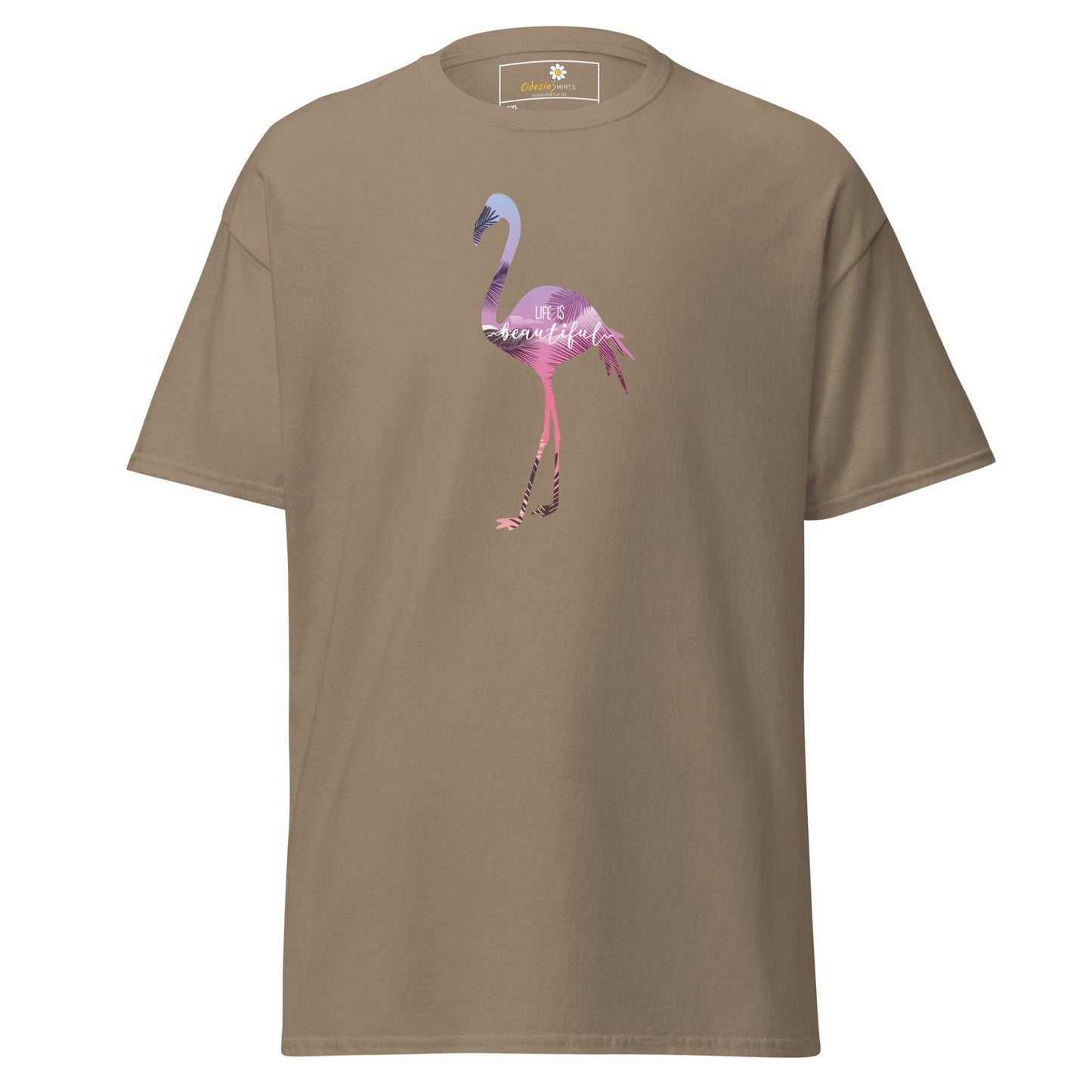 Khaki T-shirt with Flamingo Design for Men and Women in Sizes 2XL to 5XL