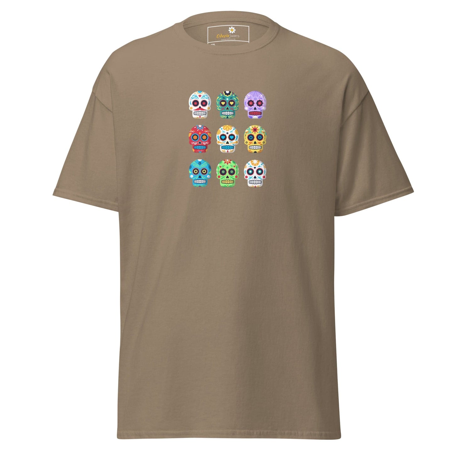 Khaki T-shirt with colorful Sugar Skull design for Men and Women in 2XL-5XL size