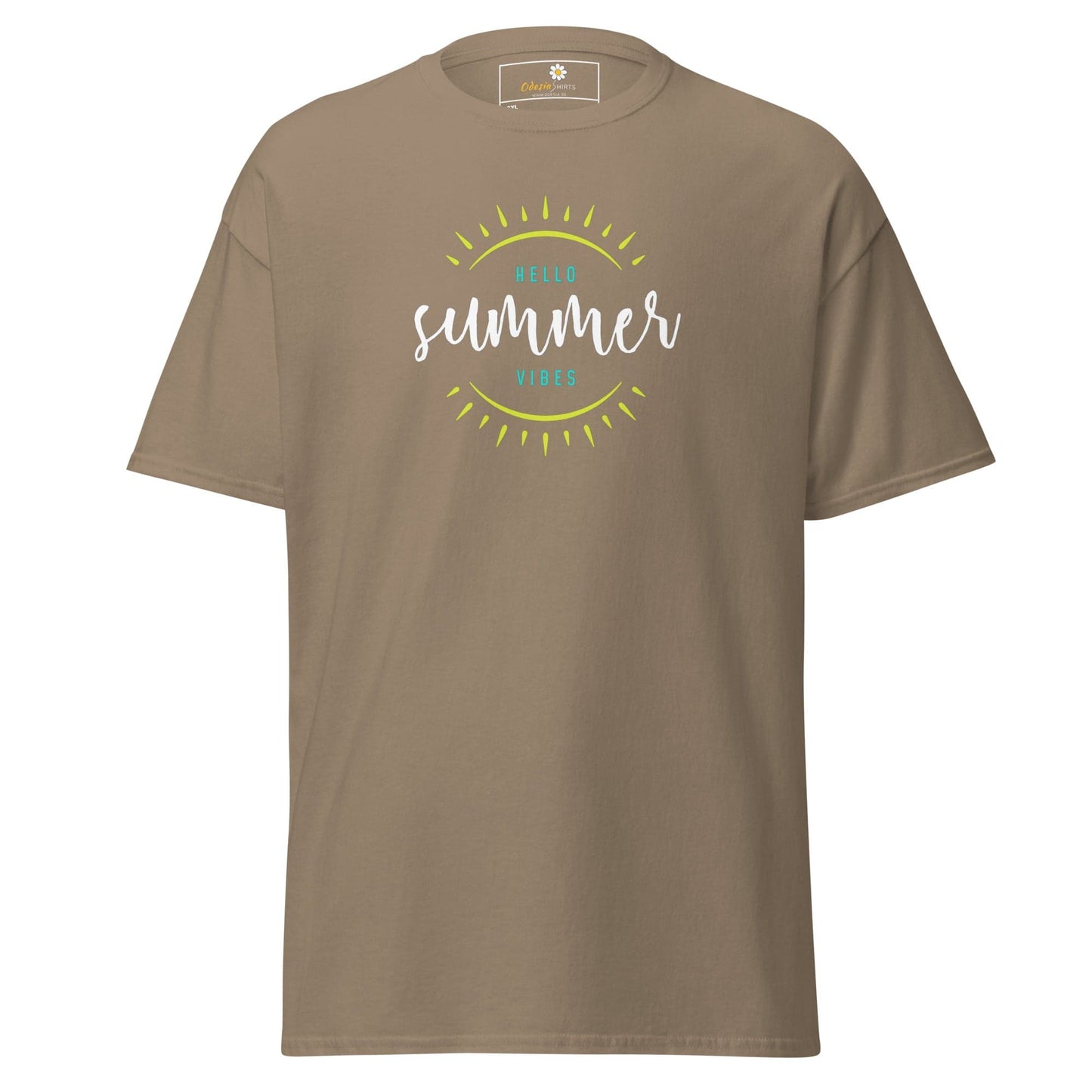 Khaki t-shirt with summer graphic.