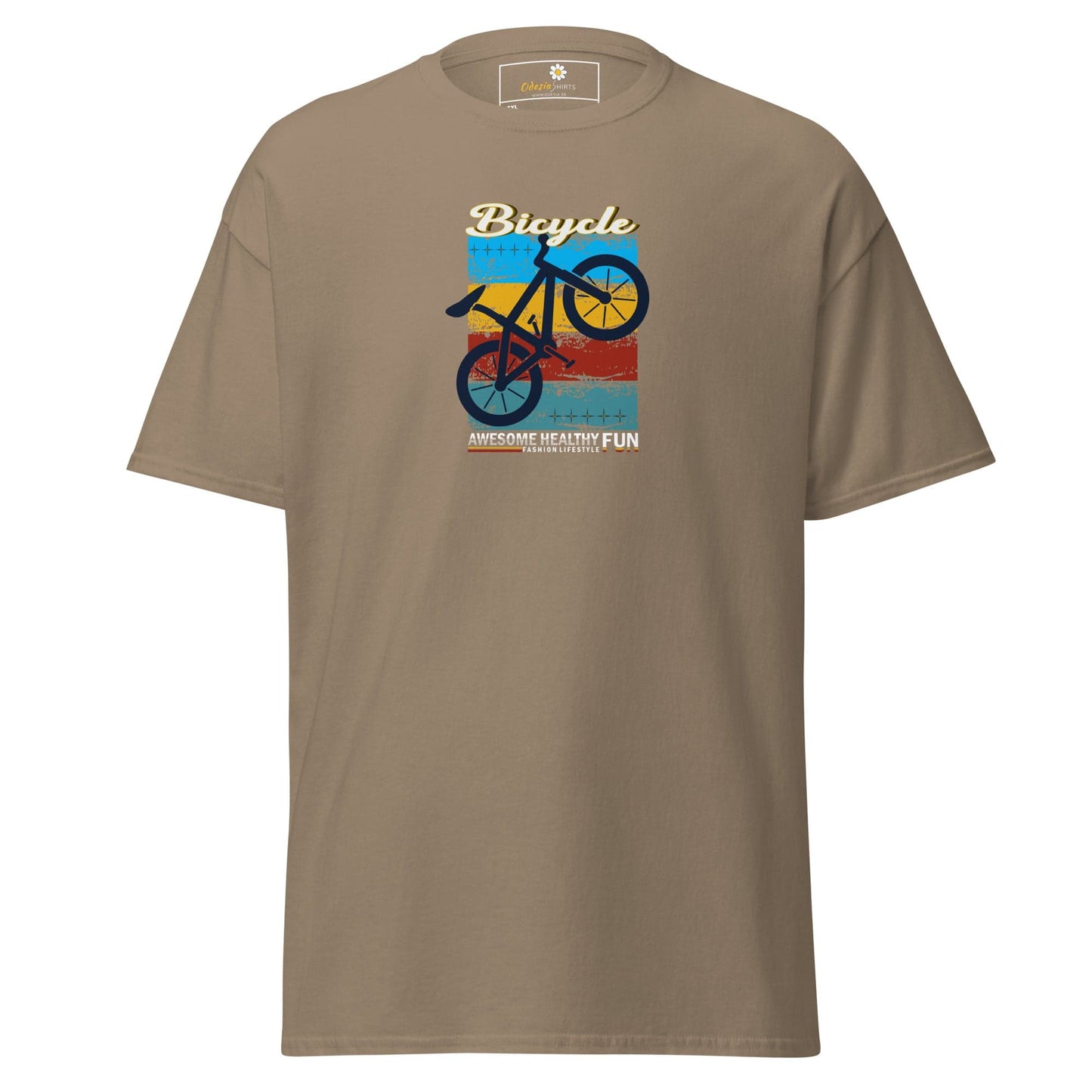 Khaki T-shirt with bicycle graphic from T-SHIRT DESIGN TEE for Men and Women in 2XL to 5XL