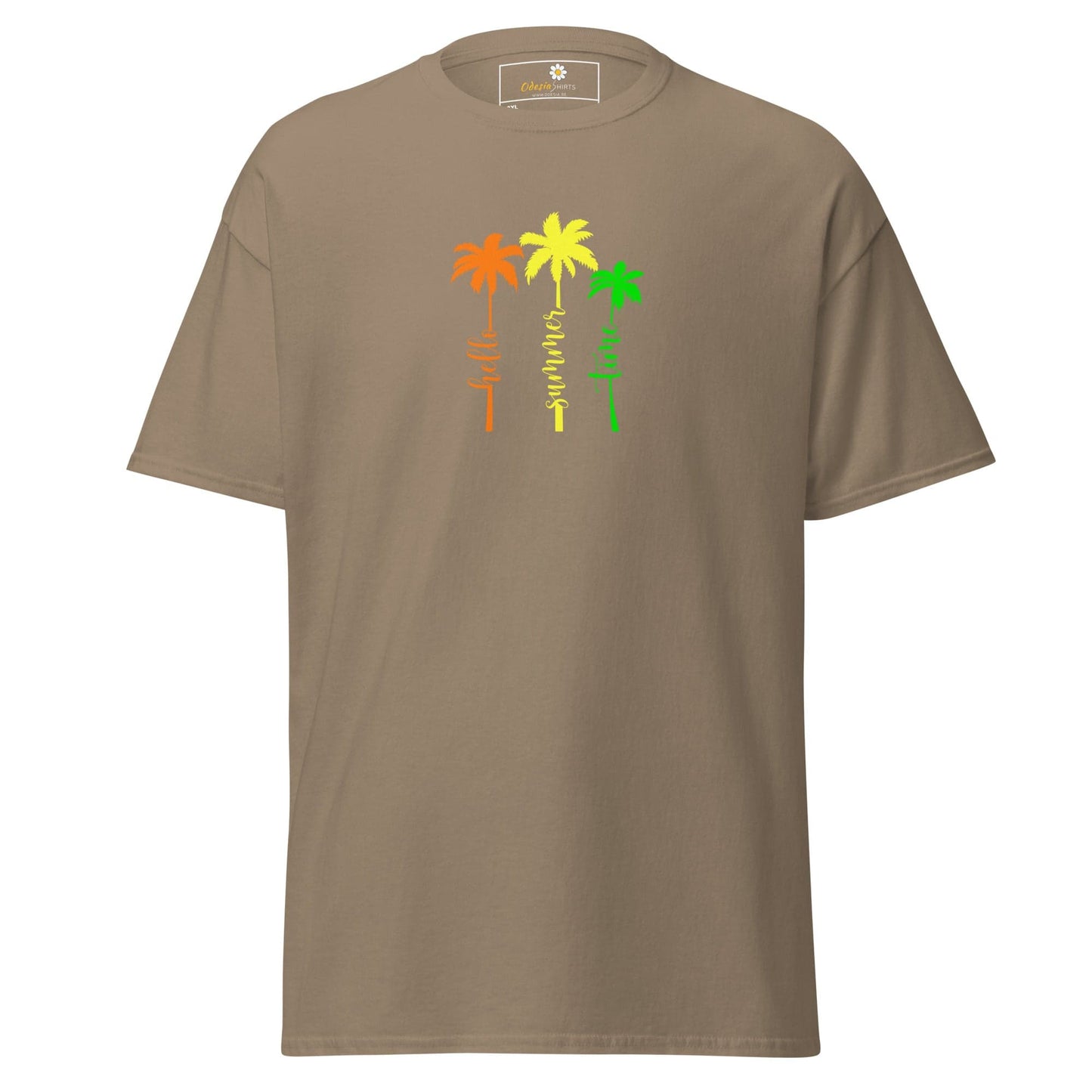 Khaki t-shirt with palm tree design.
