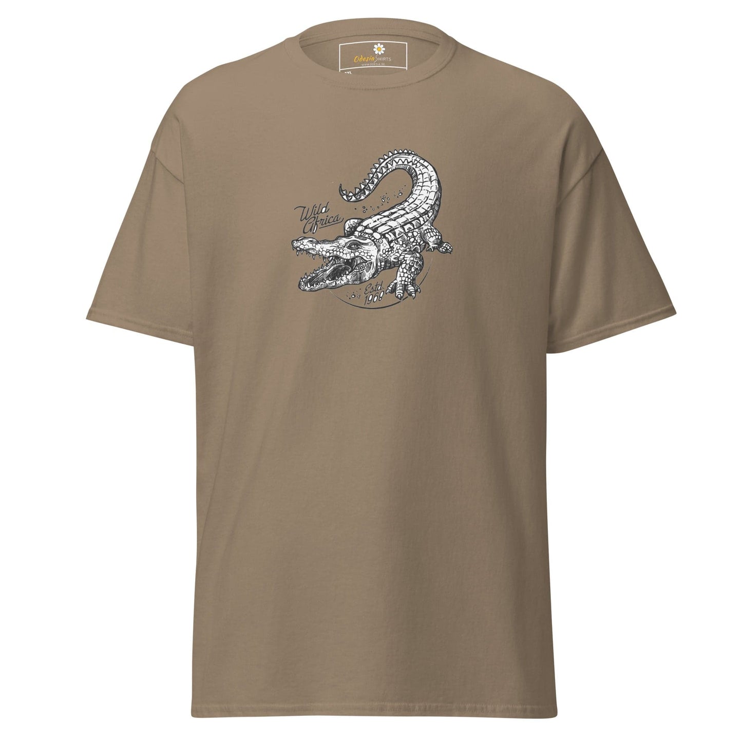 Khaki t-shirt with crocodile graphic.