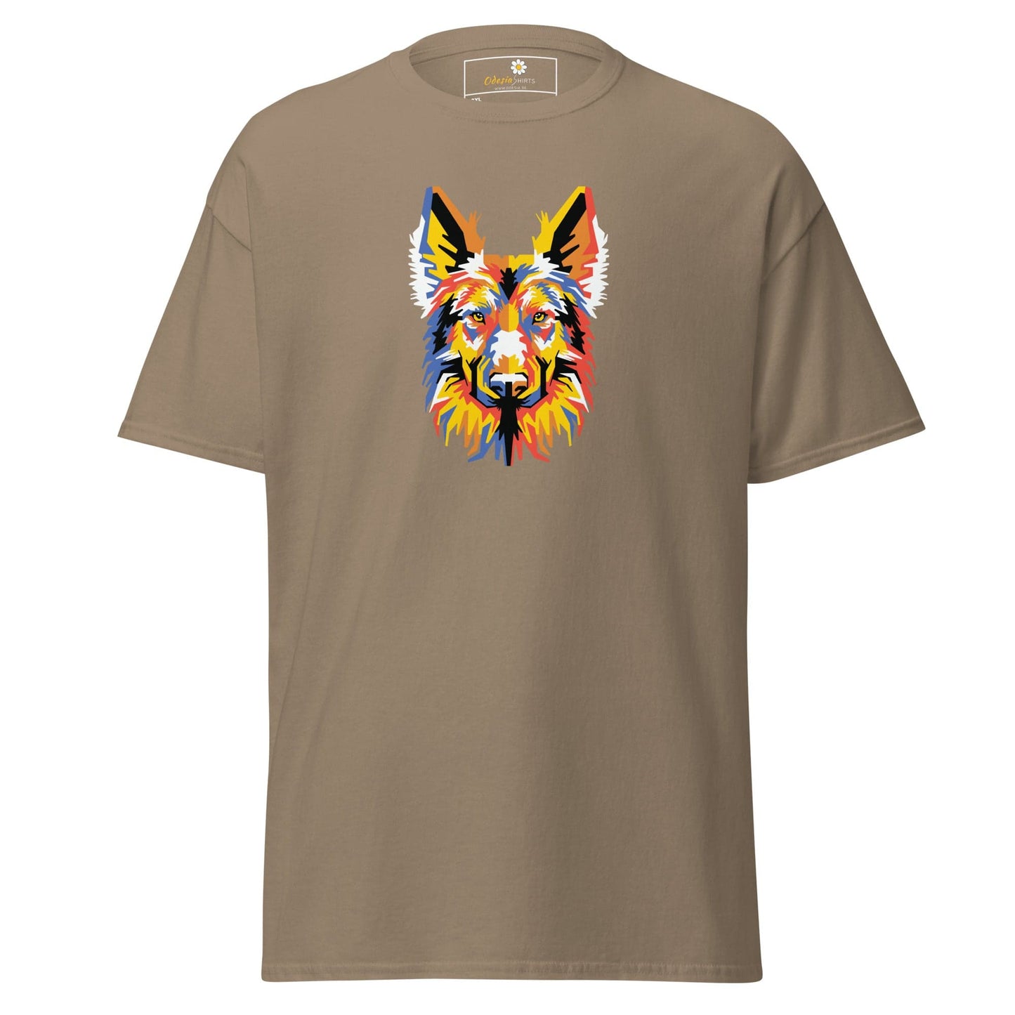 Khaki T-Shirt with colorful dog graphic for Men and Women in 2XL to 5XL sizes