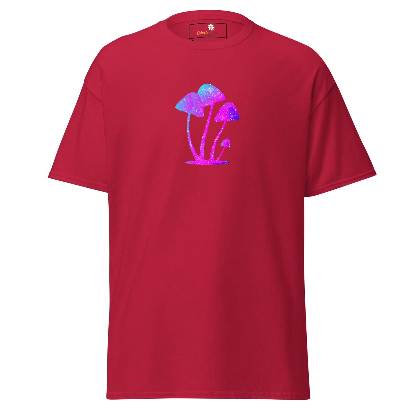Red t-shirt with mushroom design.