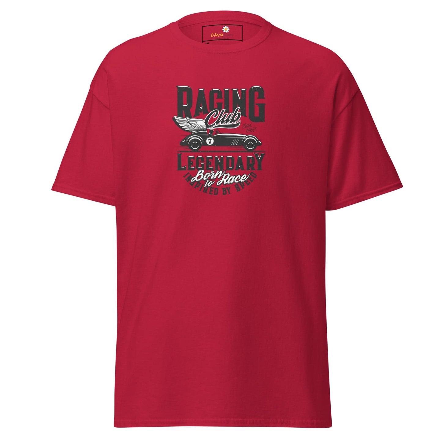 Red t-shirt with racing graphic.