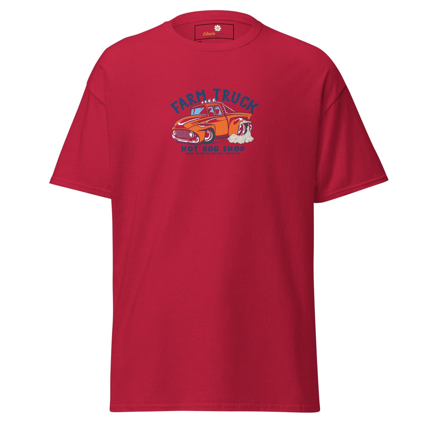 Red t-shirt with truck graphic.