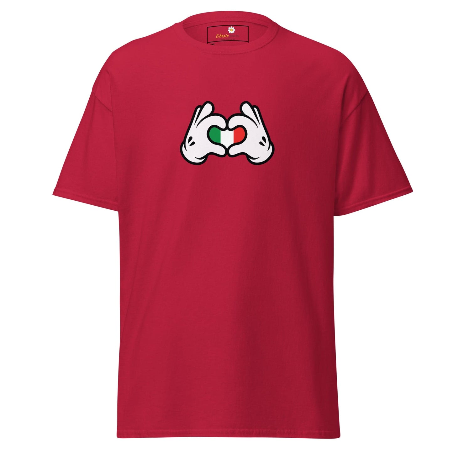 Red t-shirt with Italian flag heart hands.
