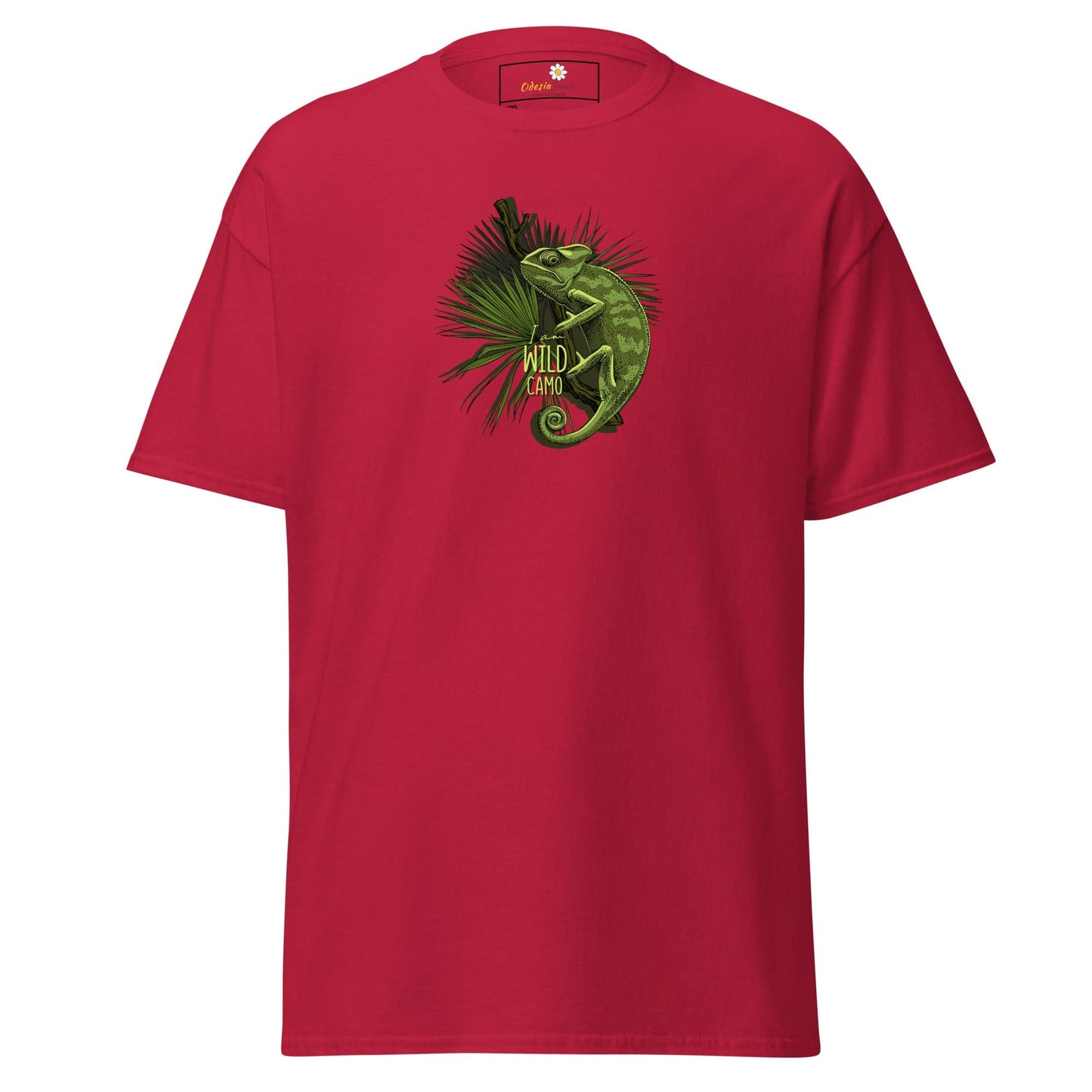 Red t-shirt with chameleon graphic.