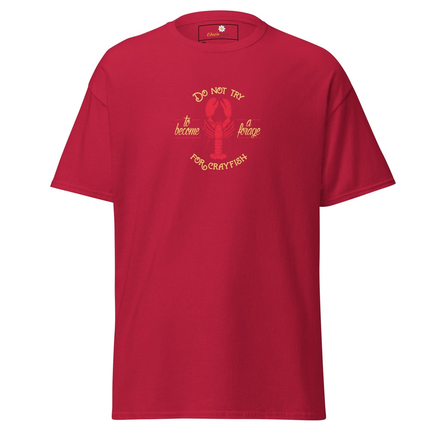 Red T-shirt with crayfish design, available in Men and Women sizes 2XL to 5XL