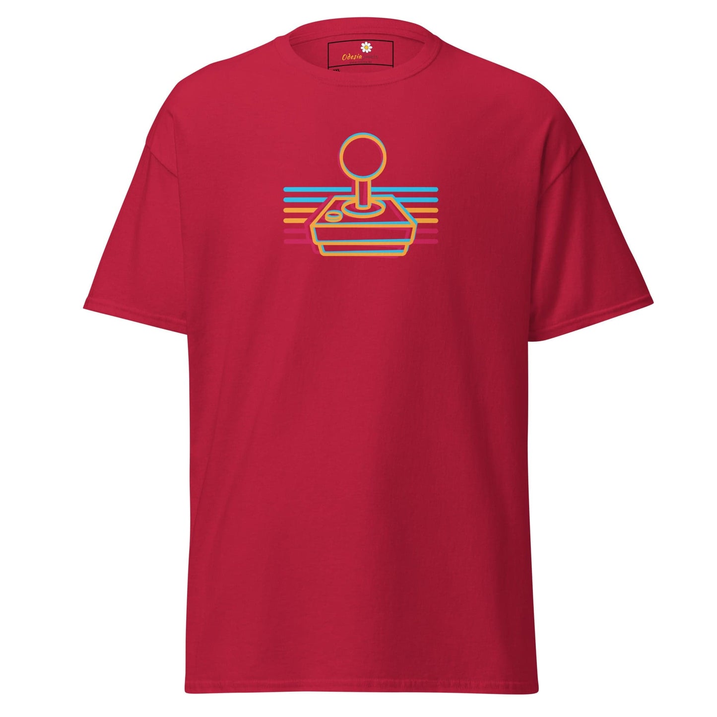 Red t-shirt with retro joystick design.