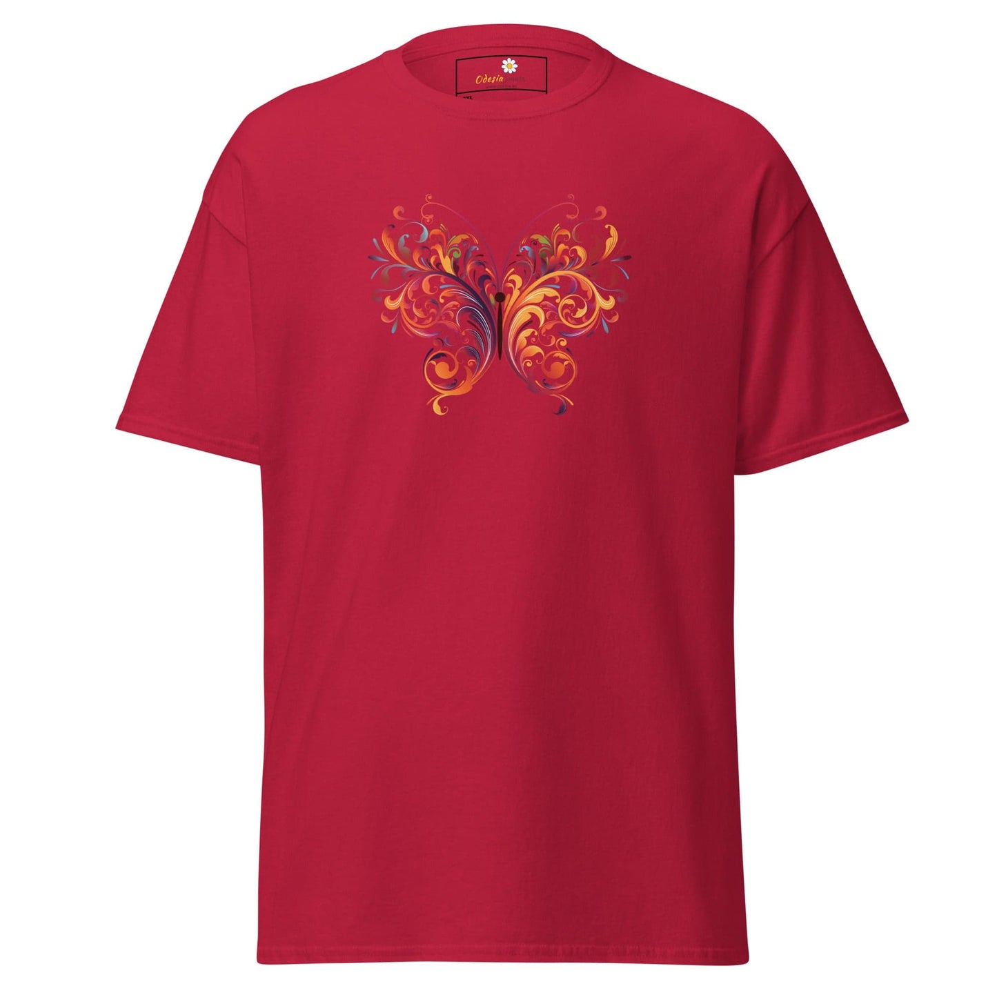 Red T-shirt with colorful floral design from T-Shirt Design Tee for Men and Women