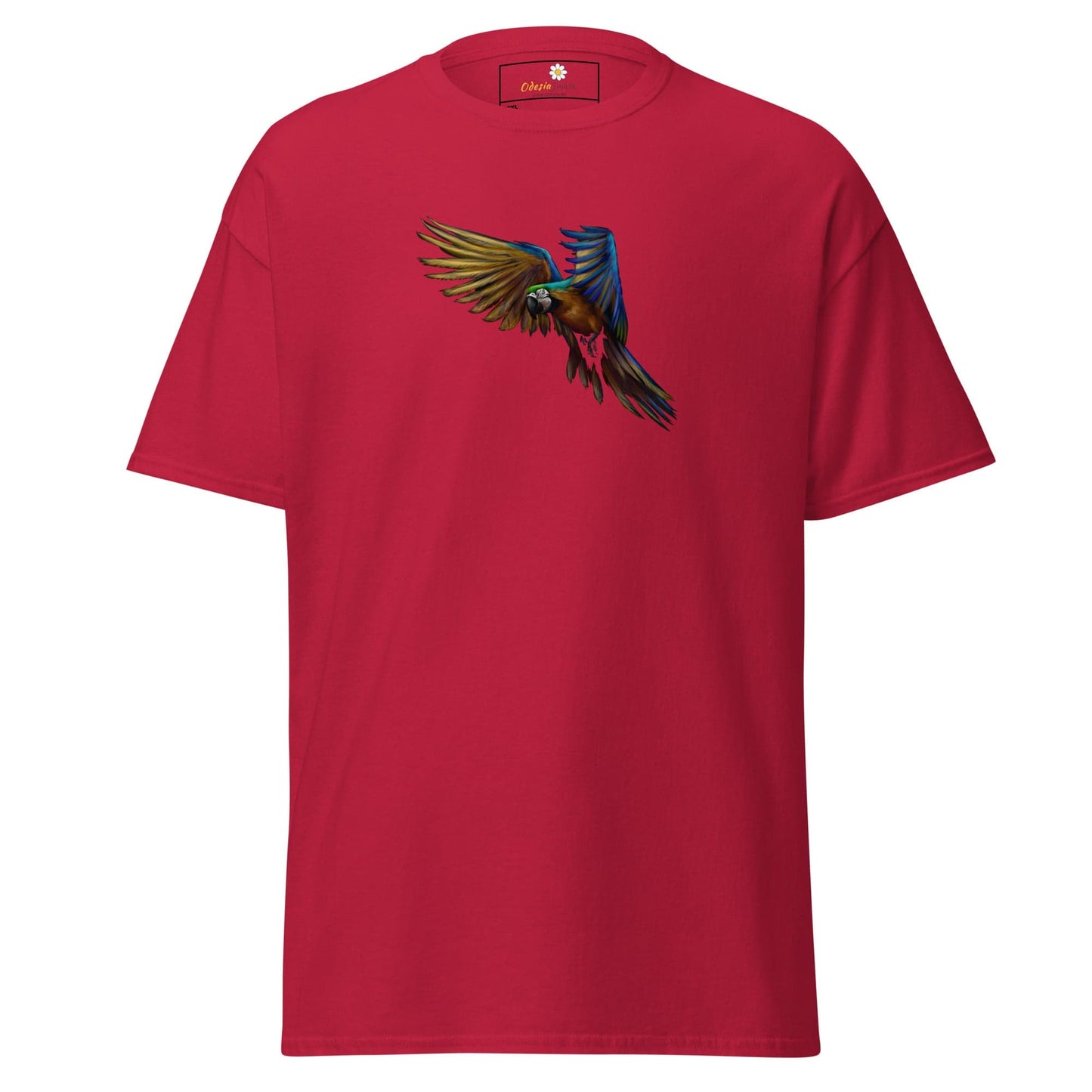 Red T-shirt with parrot graphic for men and women in 2XL to 5XL sizes