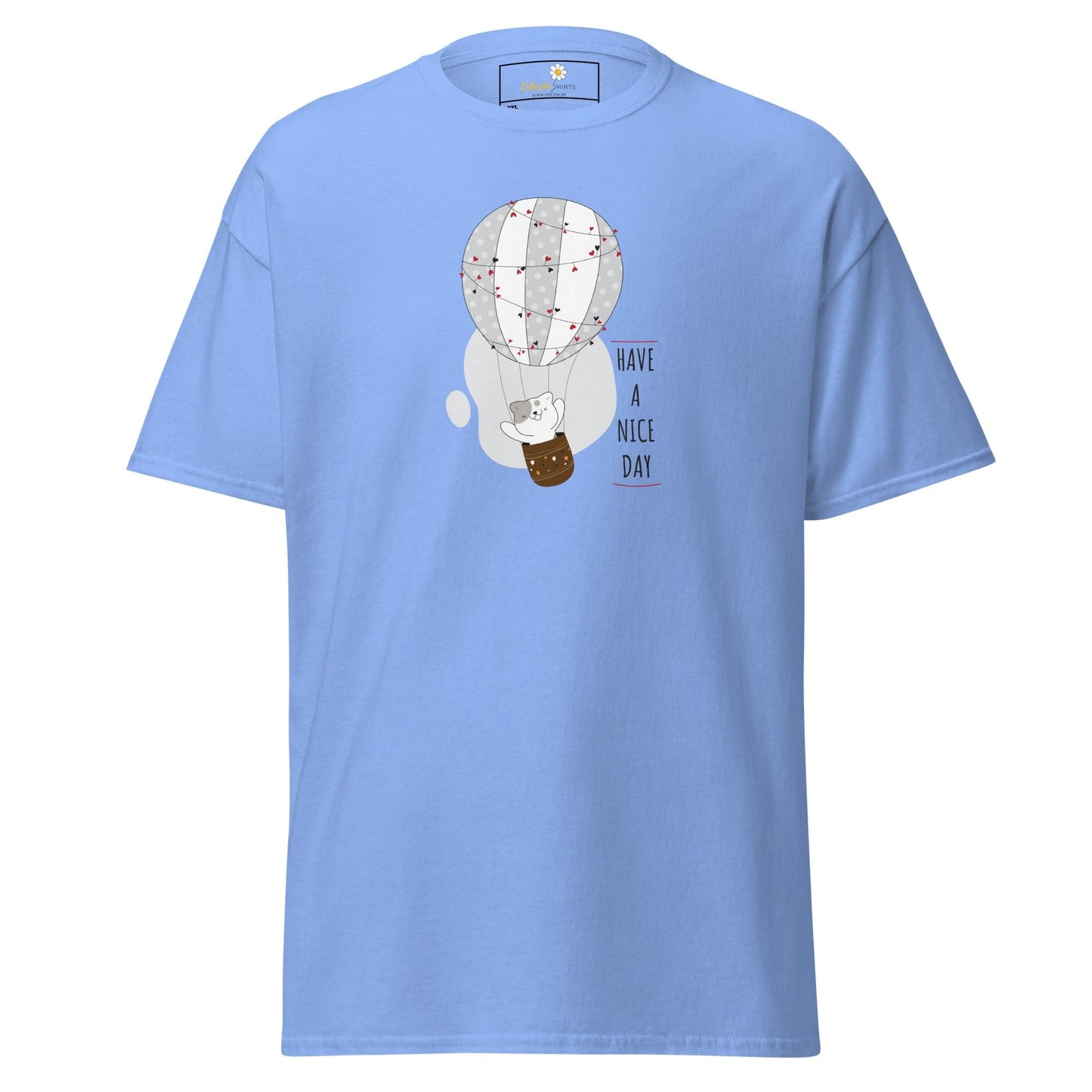 Light blue T-shirt with hot air balloon graphic for men and women in 2XL to 5XL sizes