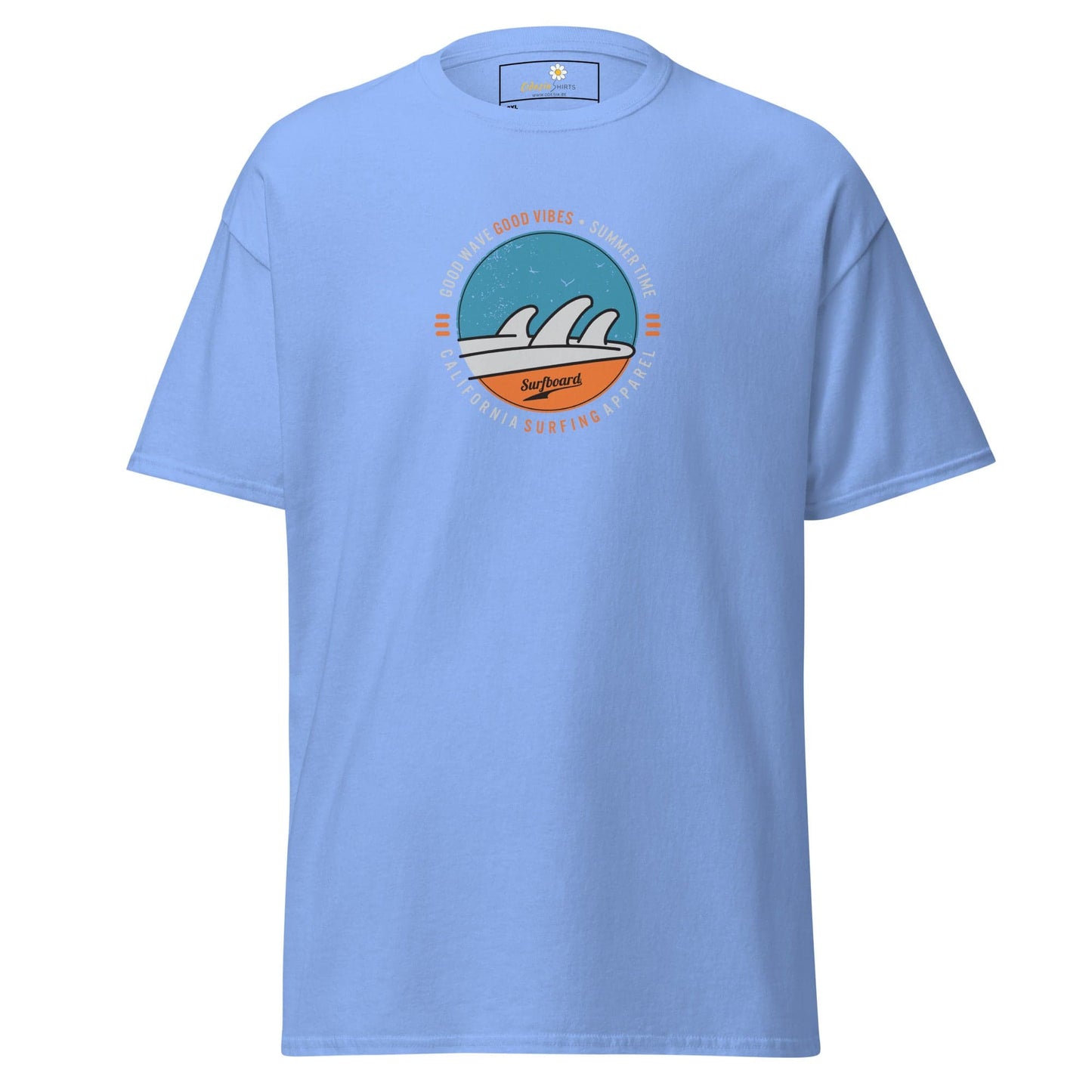 Light blue t-shirt with circular wave design.