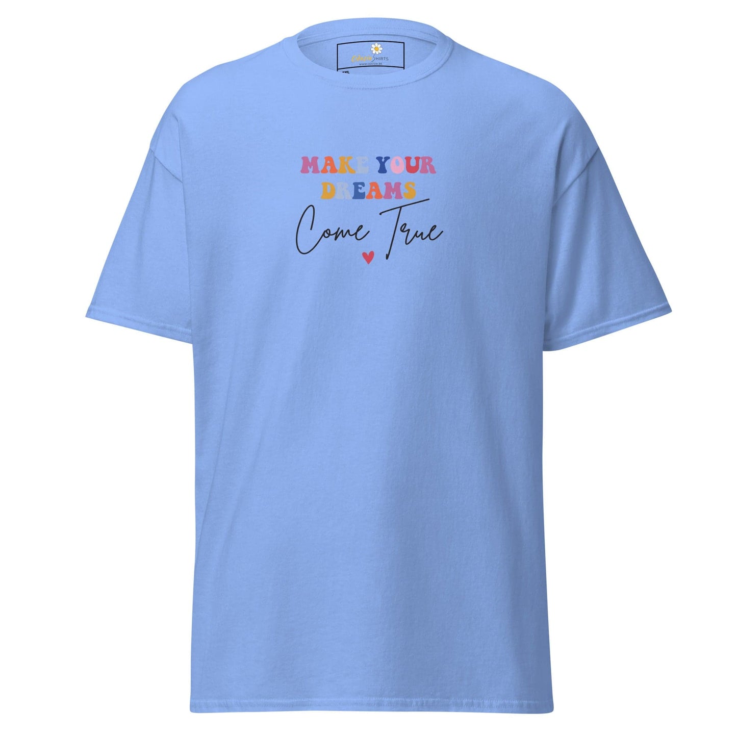 Light blue t-shirt with colorful text.
