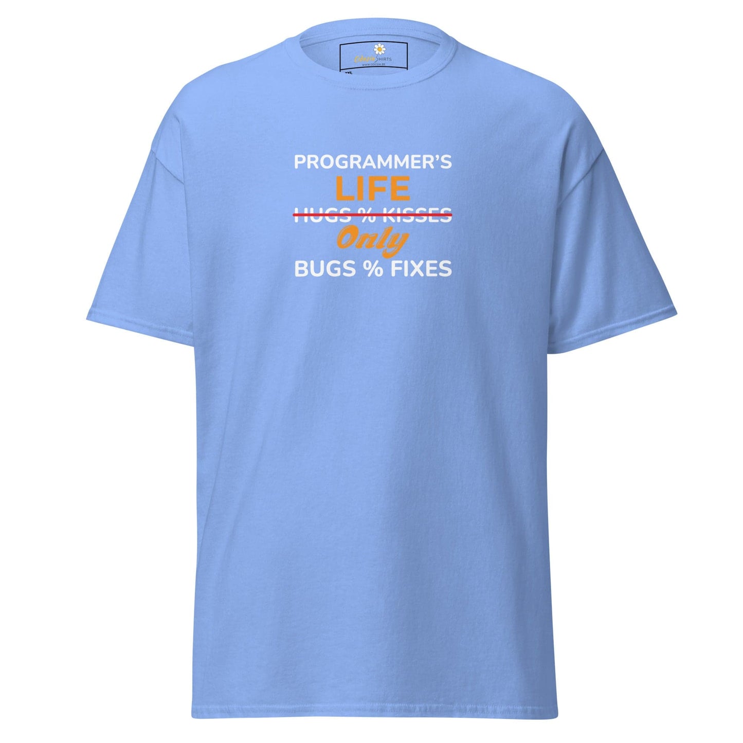 Light blue t-shirt with programmer humor.