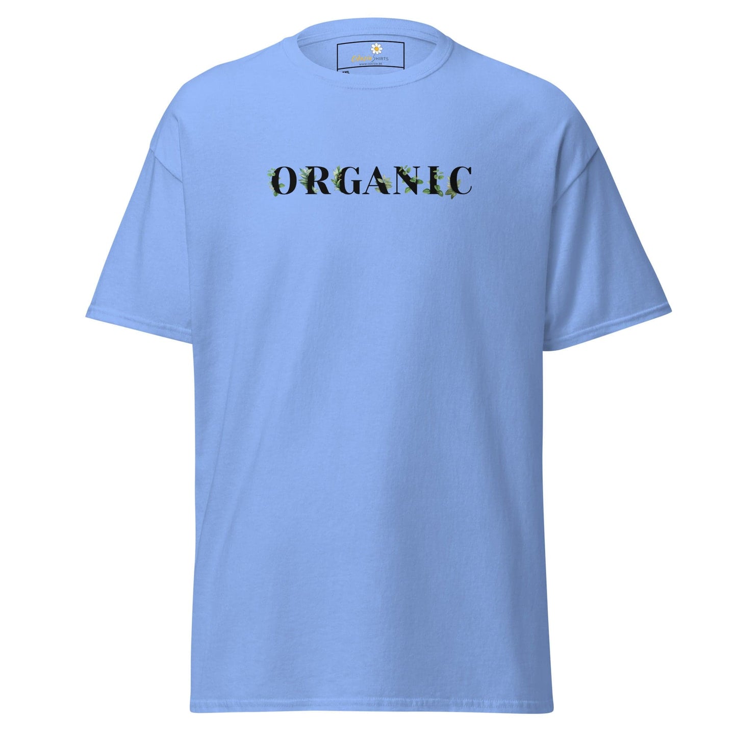 Light blue T-shirt with ORGANIC text from T-SHIRT DESIGN TEE for Men and Women in sizes 2XL to 5XL