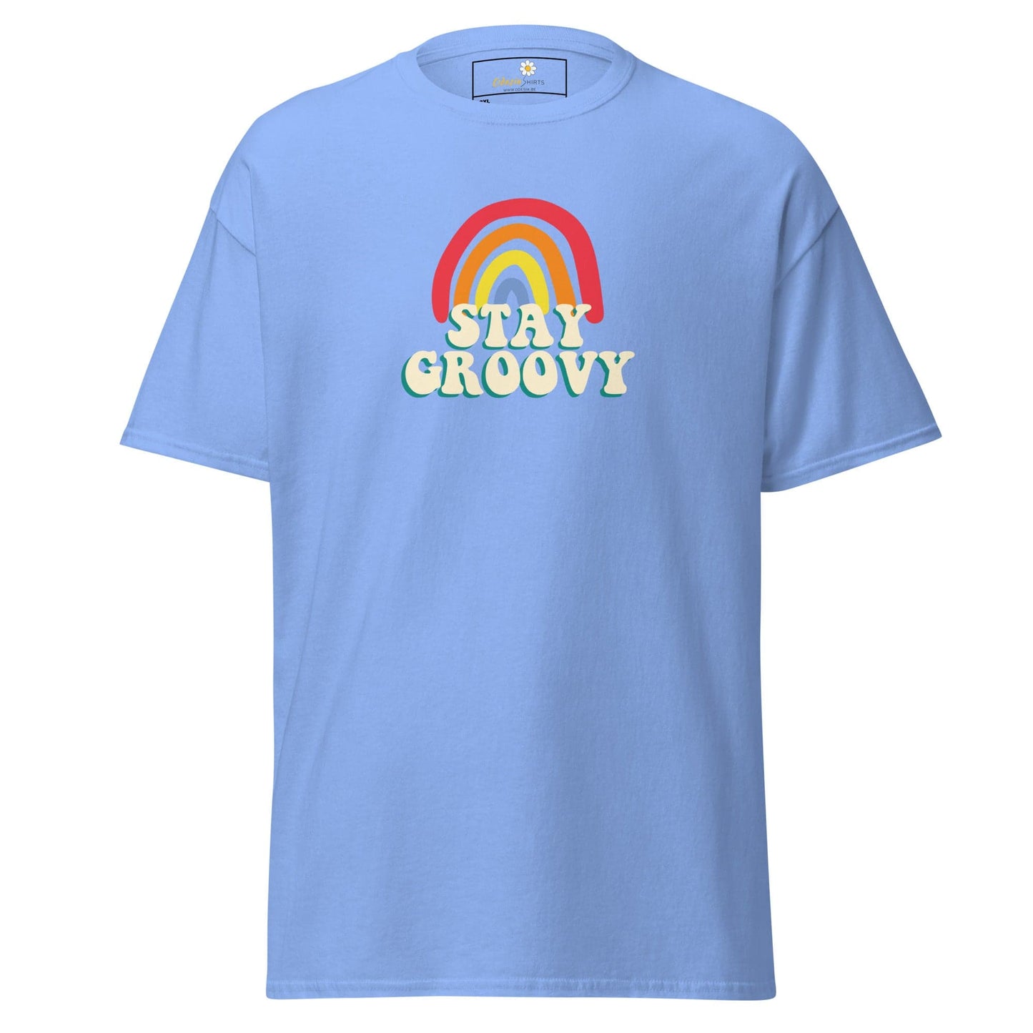 Light blue t-shirt with rainbow and text.