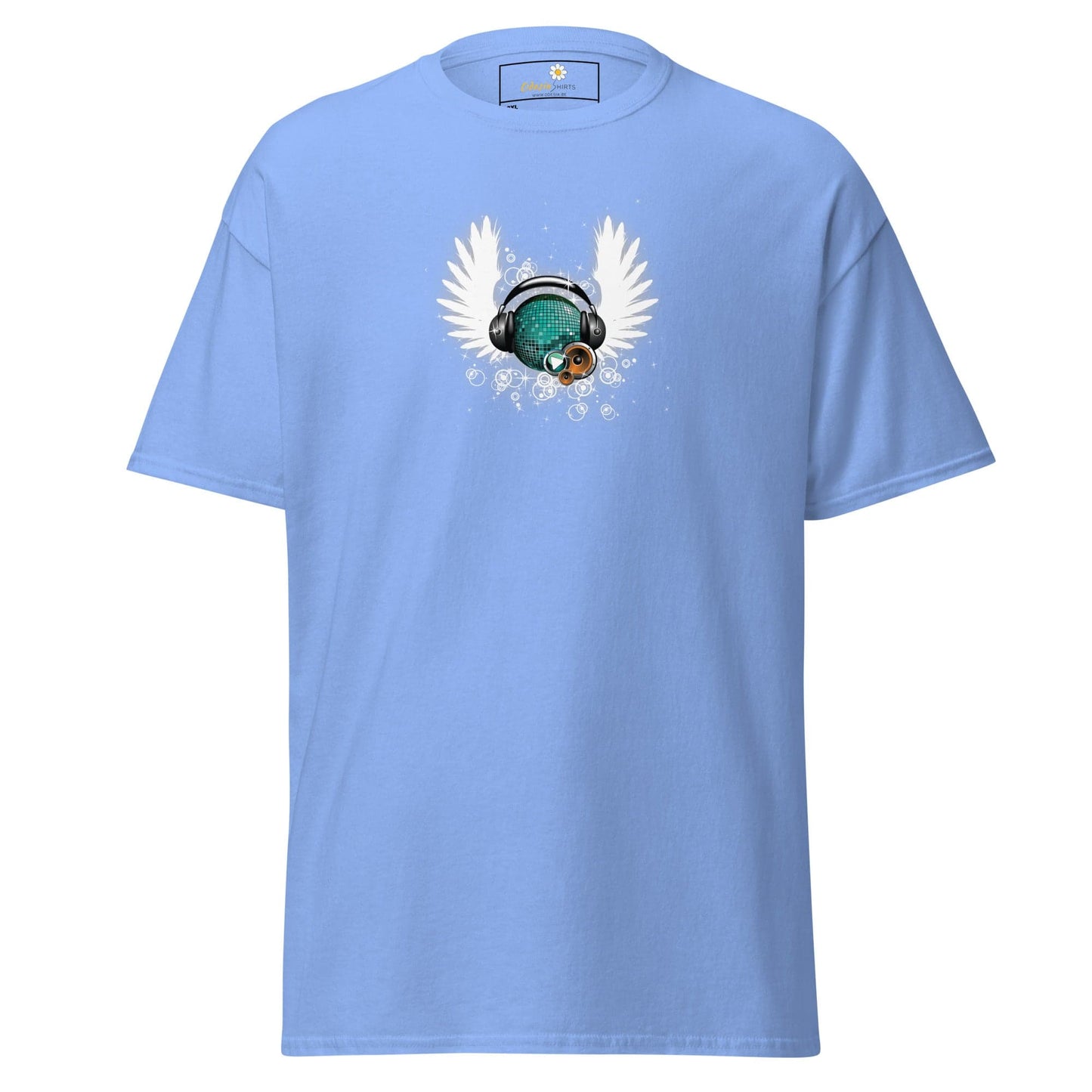 Light blue T-shirt with winged headphones print for men and women in 2XL to 5XL sizes