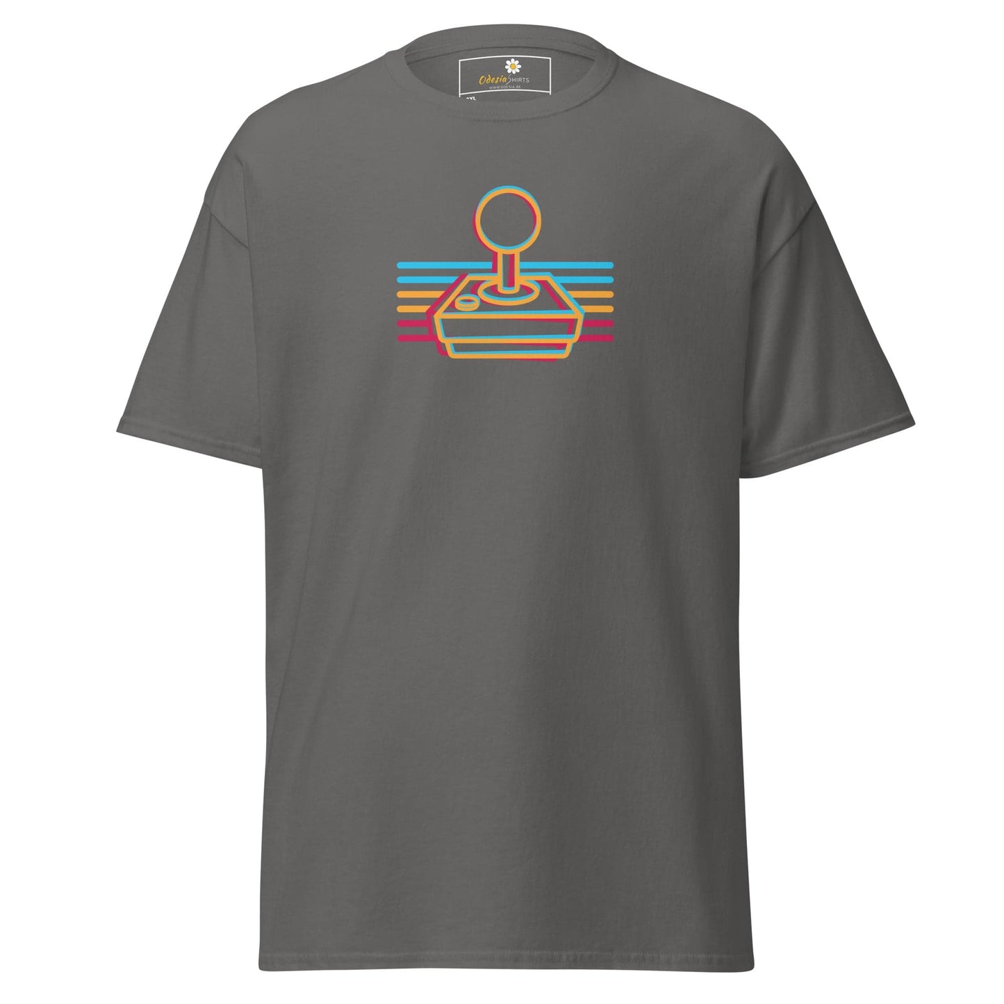Gray t-shirt with retro joystick design.