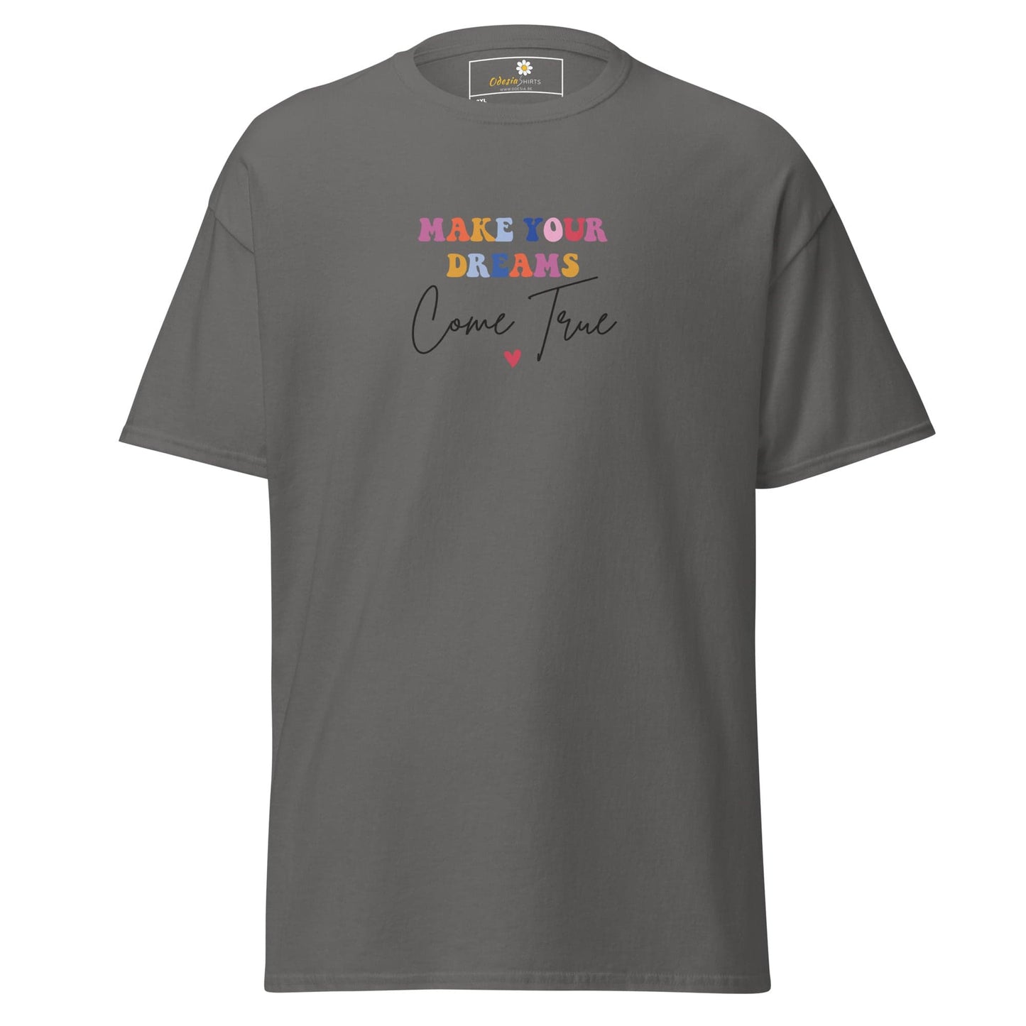 Gray t-shirt with colorful text.