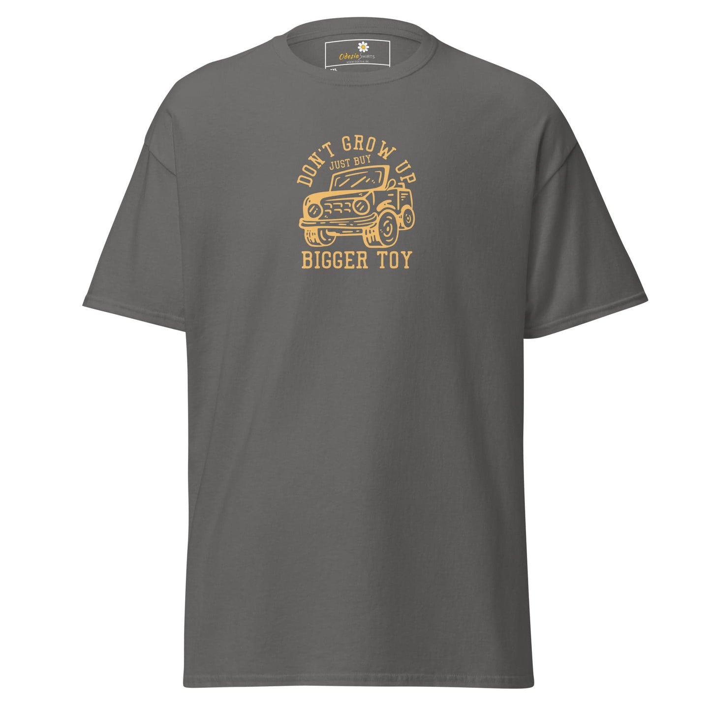 Gray t-shirt with a toy car graphic.