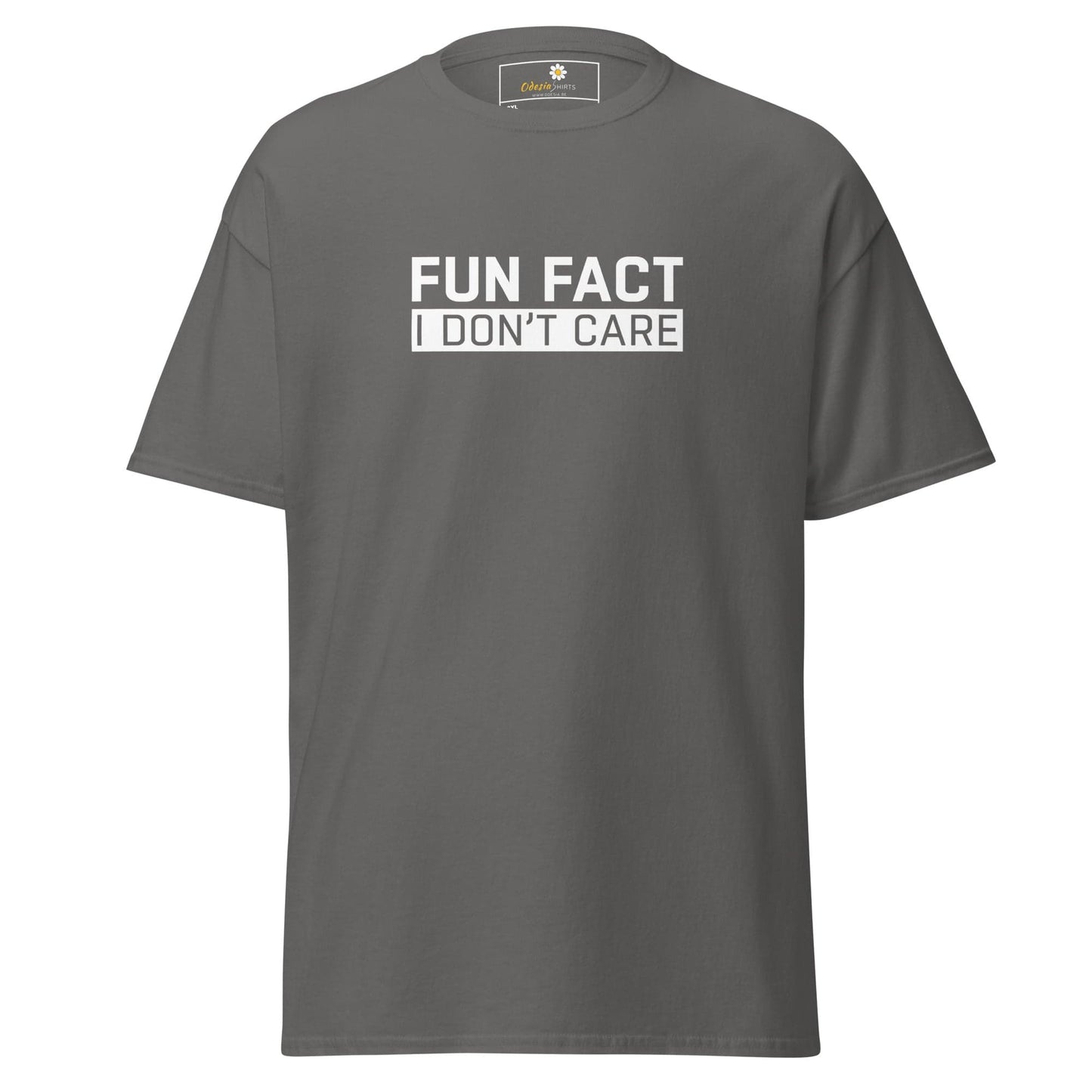Gray t-shirt with white text.