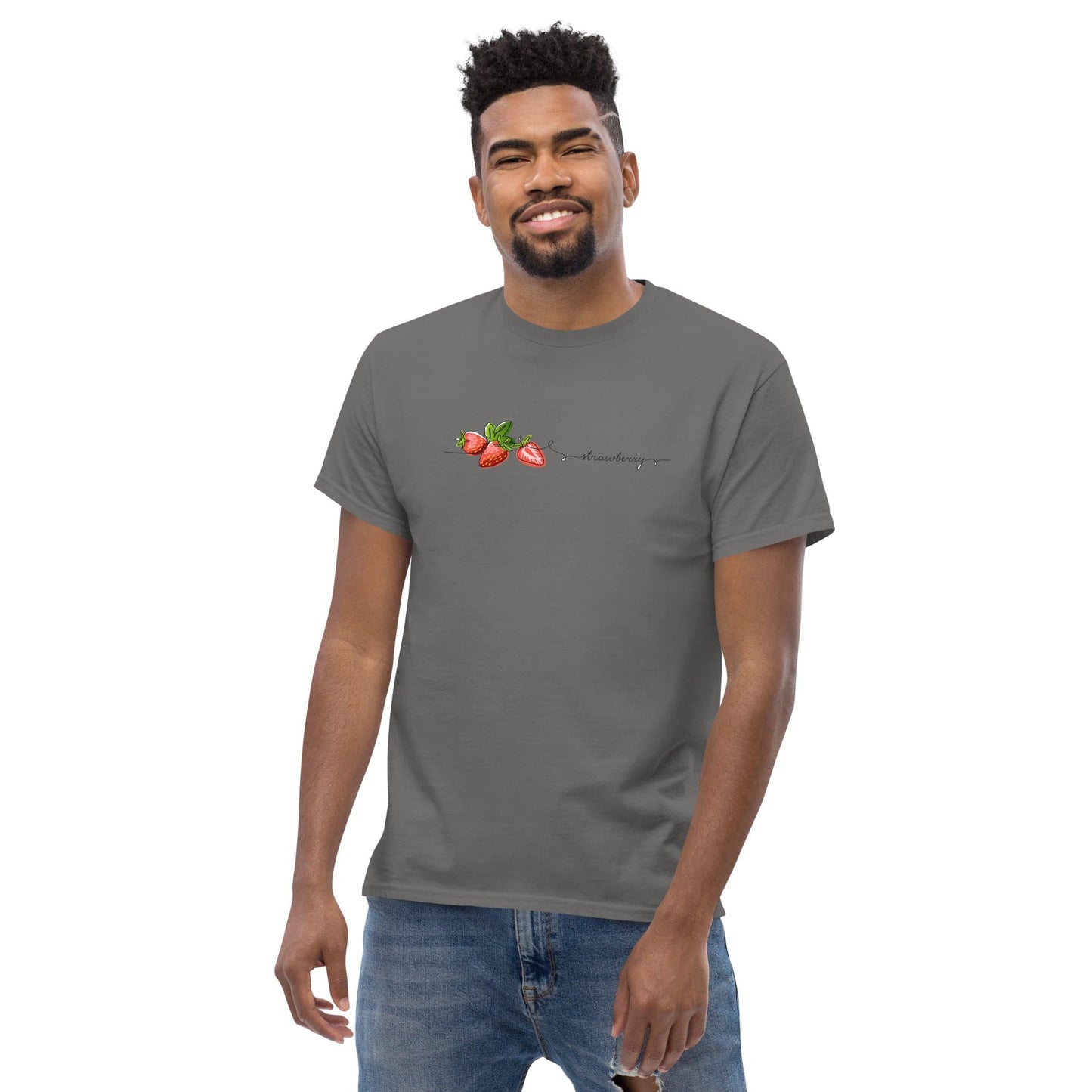 Gray t-shirt with strawberry design.