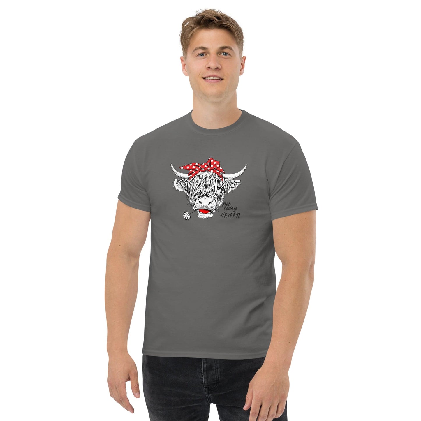 Gray t-shirt with cow graphic.
