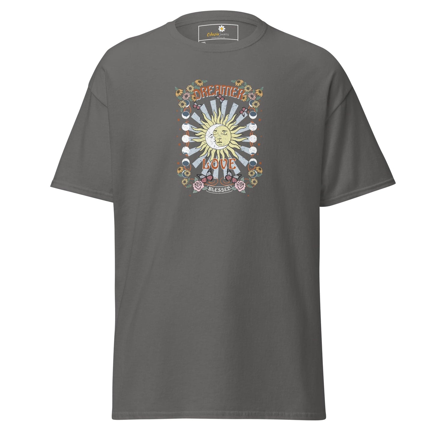 Gray t-shirt with sun graphic.