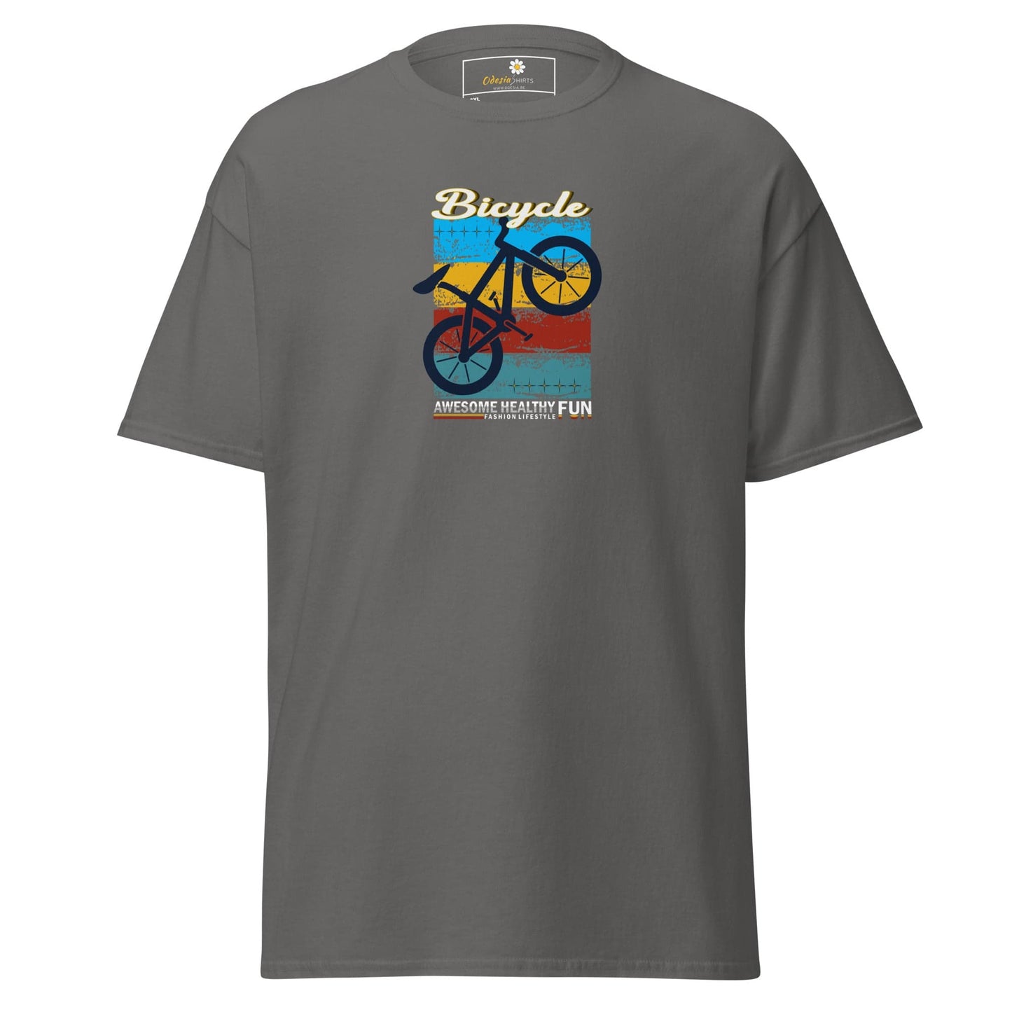 Gray T-shirt with bicycle graphic for men and women, available in 2XL to 5XL sizes