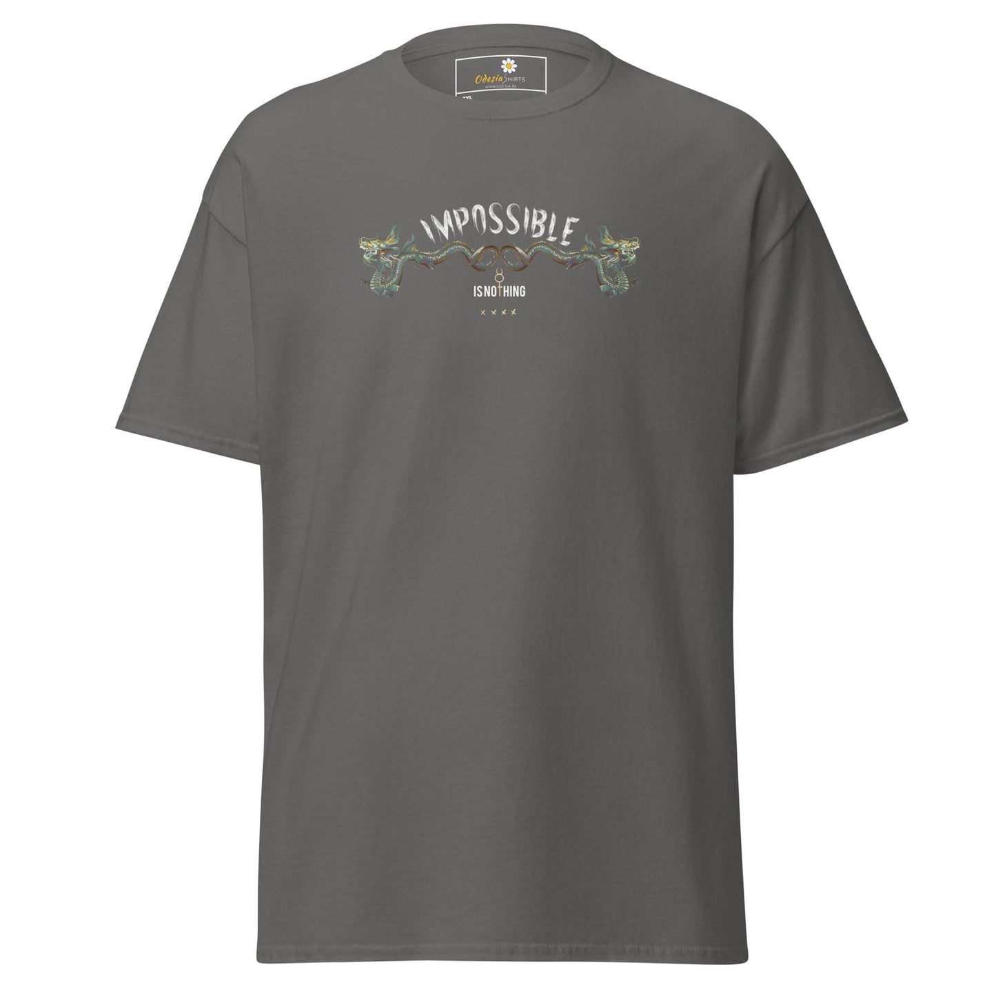 Gray t-shirt with graphic.