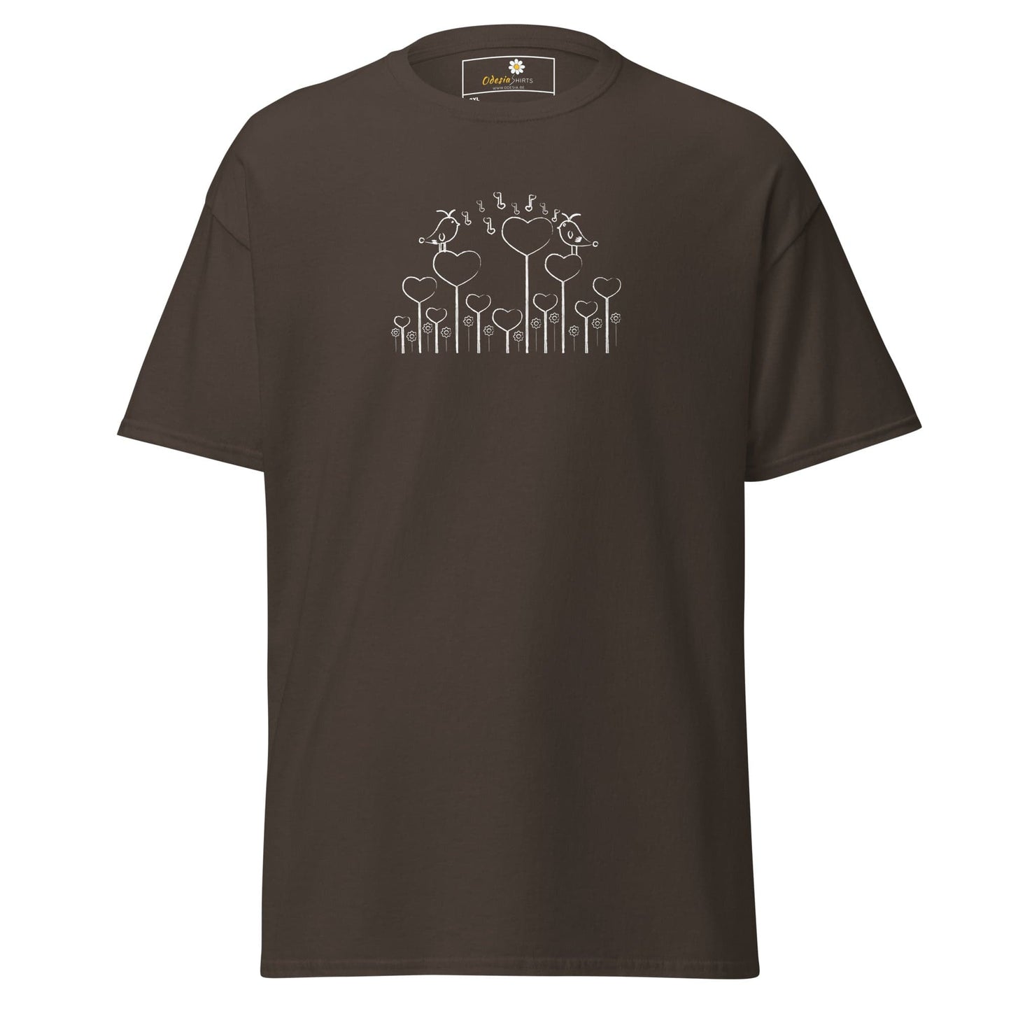 Brown T-shirt with heart and bird design for men and women in 2XL to 5XL sizes