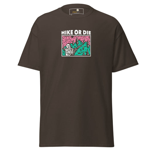 Brown t-shirt with ’Hike or Die’ graphic.
