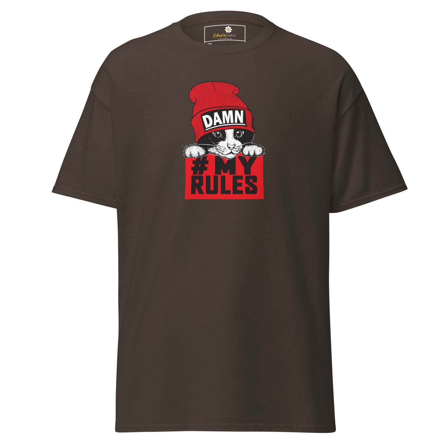 Brown t-shirt with cat graphic.