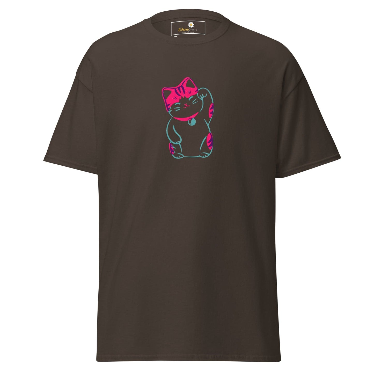 Brown T-shirt with neon cat design, available in men’s and women’s sizes 2XL to 5XL