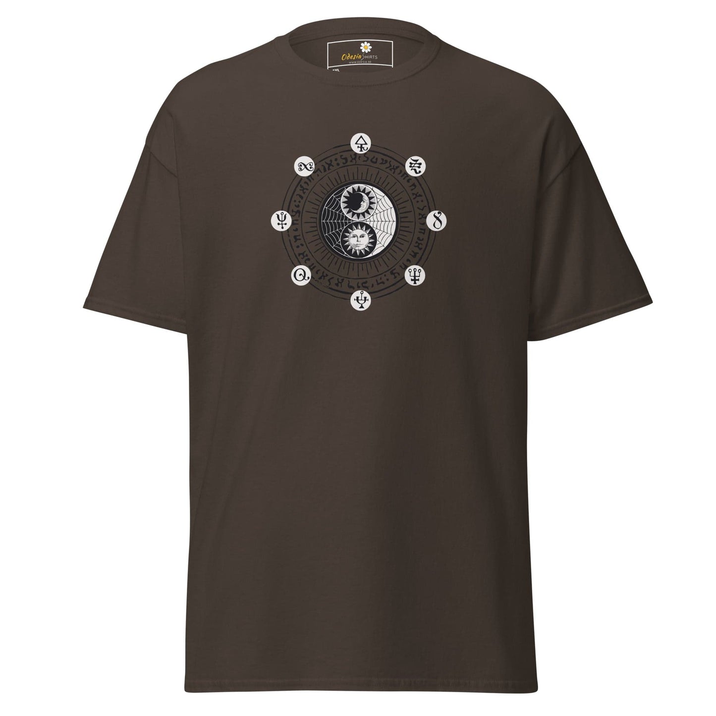 Brown t-shirt with yin-yang design.