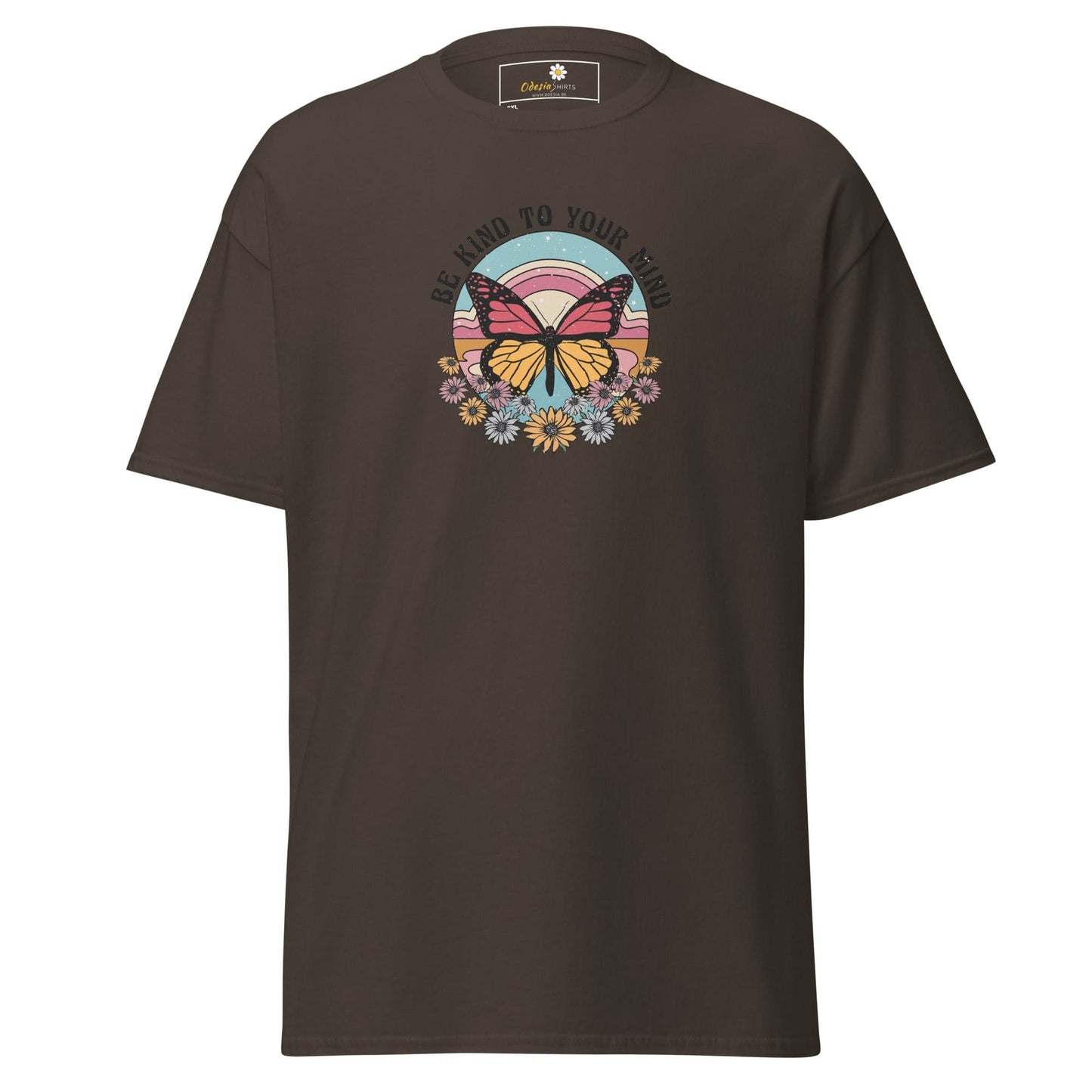 Brown t-shirt with butterfly graphic.