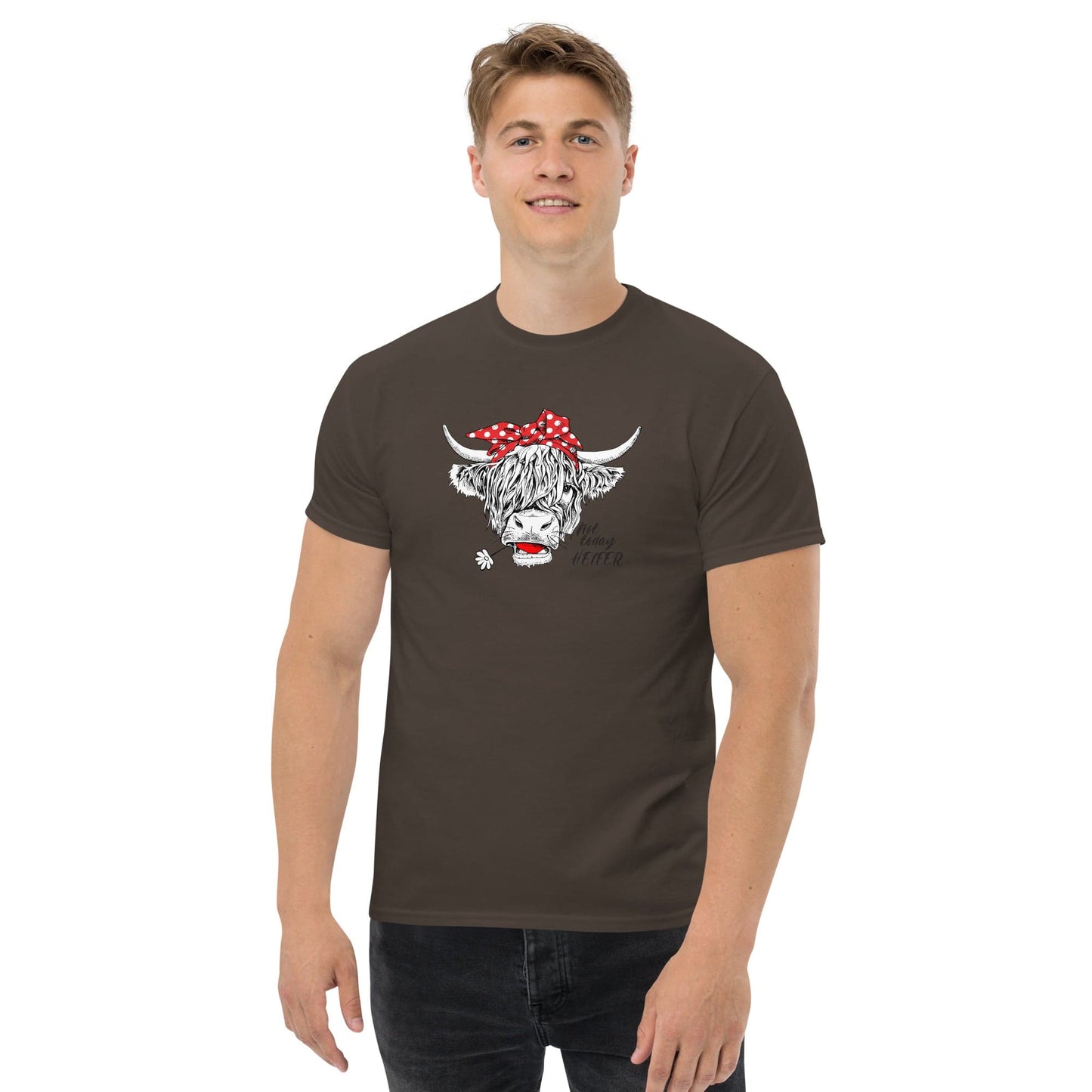 Brown t-shirt with cow graphic.