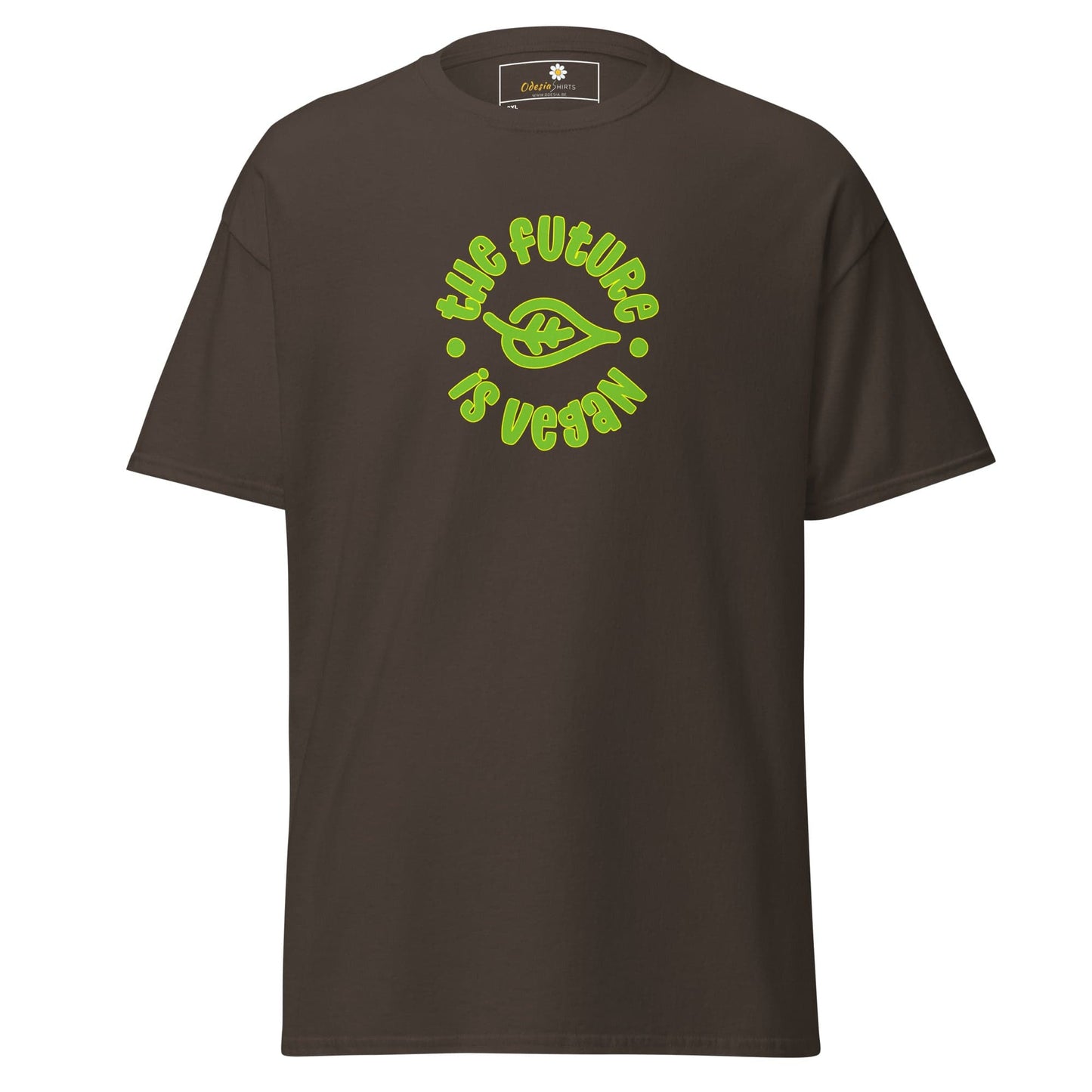 Brown t-shirt with vegan graphic.