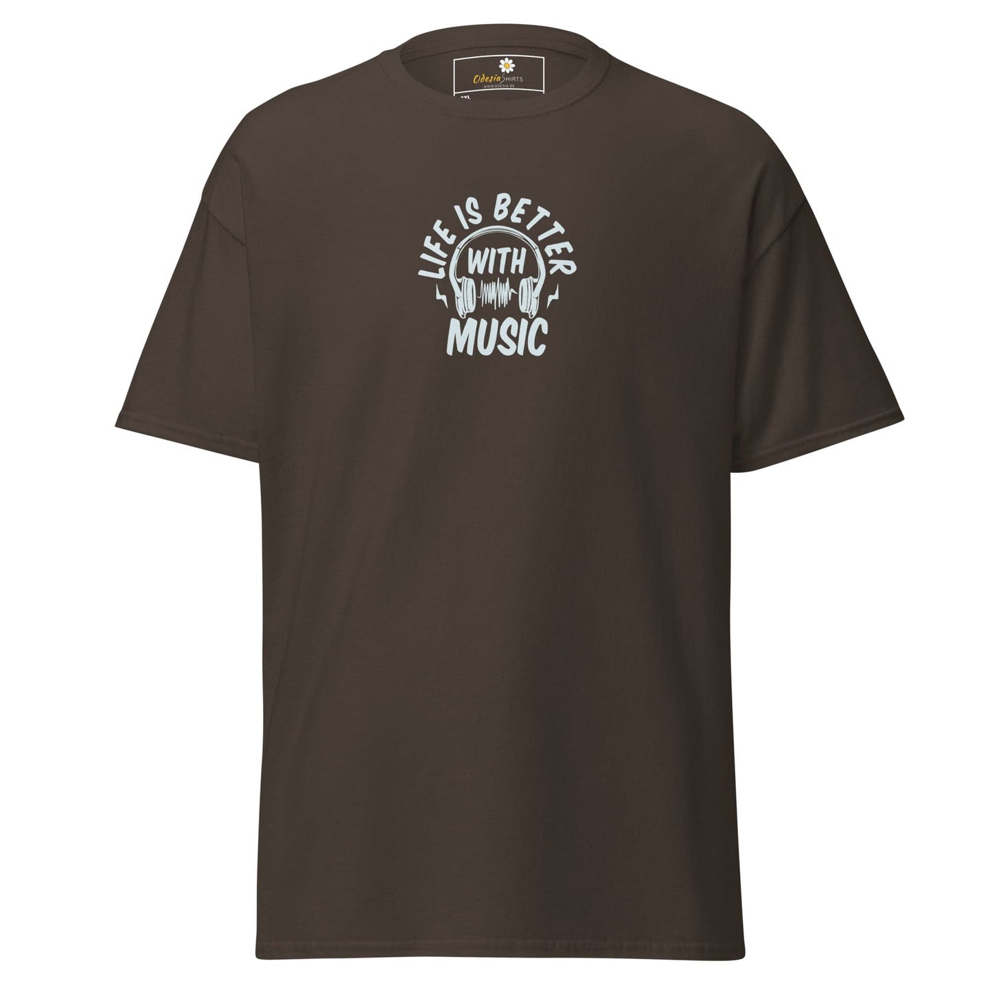 Brown T-shirt with a vibrant music graphic, available in large sizes for men and women