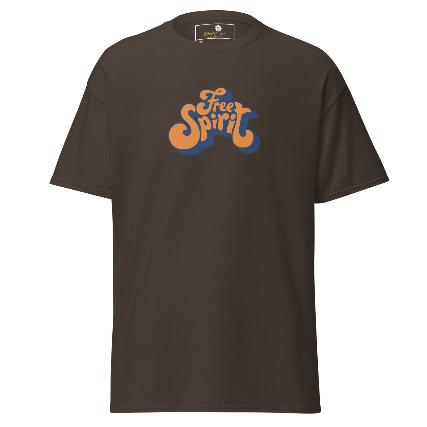Brown T-shirt with Free Spirit graphic, suitable for men and women sizes 2XL to 5XL